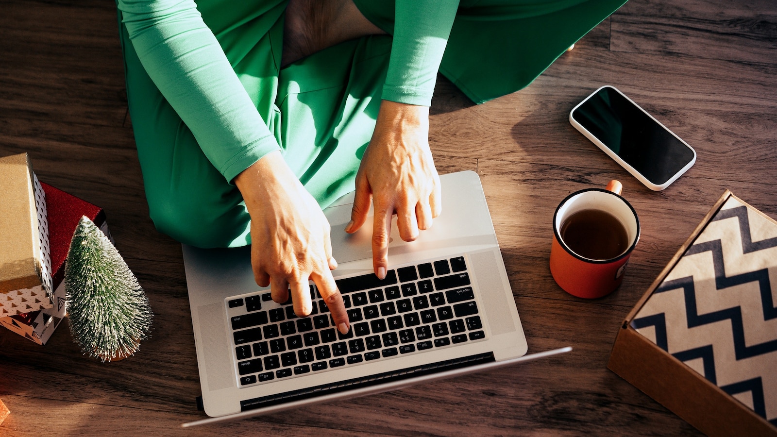 Stock photo of a woman shopping online from home. 