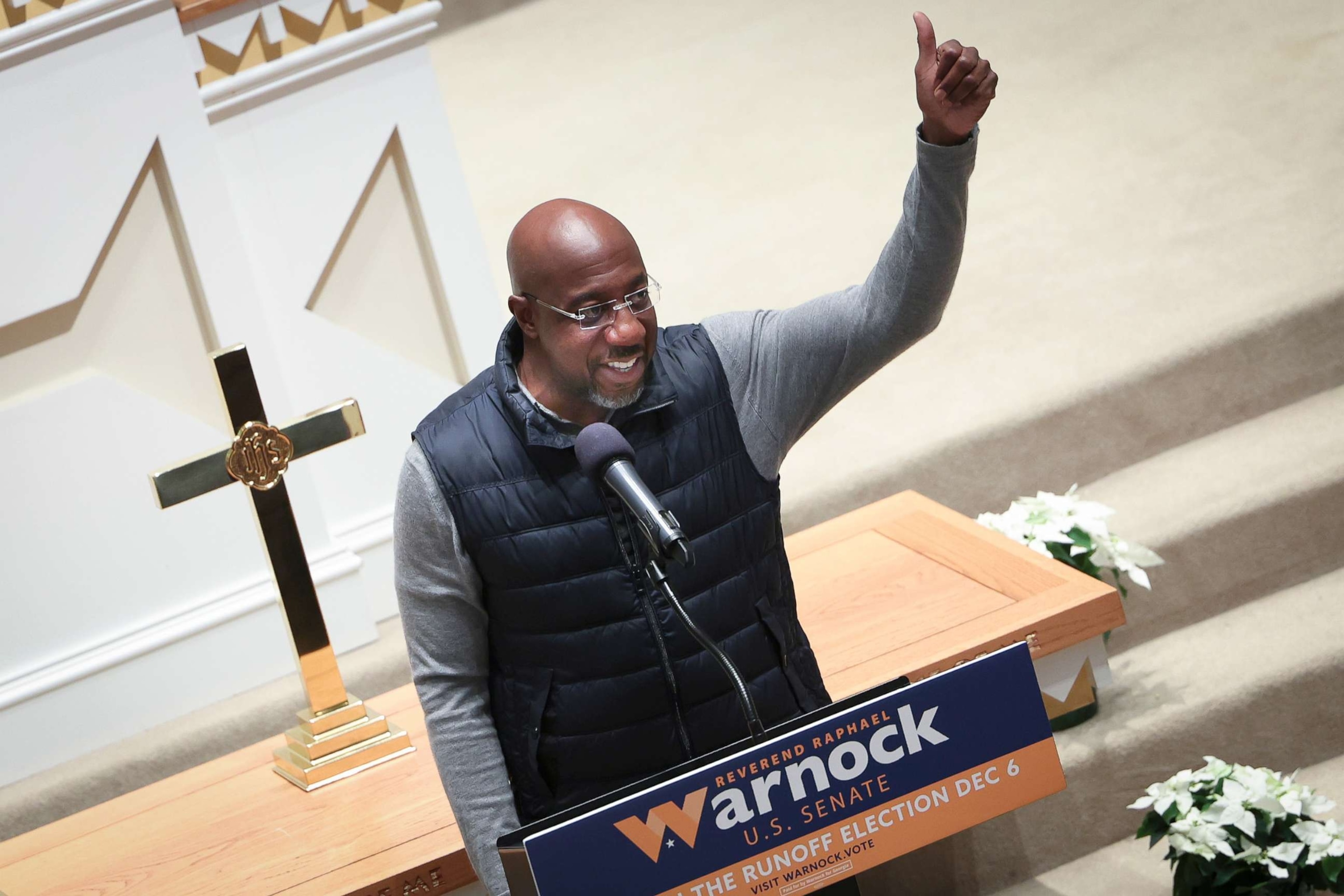 PHOTO: Georgia Democratic Senate candidate Sen. Raphael Warnock (D-GA) speaks during a Meet and Greet event at St. John Baptist Church Dec. 4, 2022 in Gainesville, Ga. 