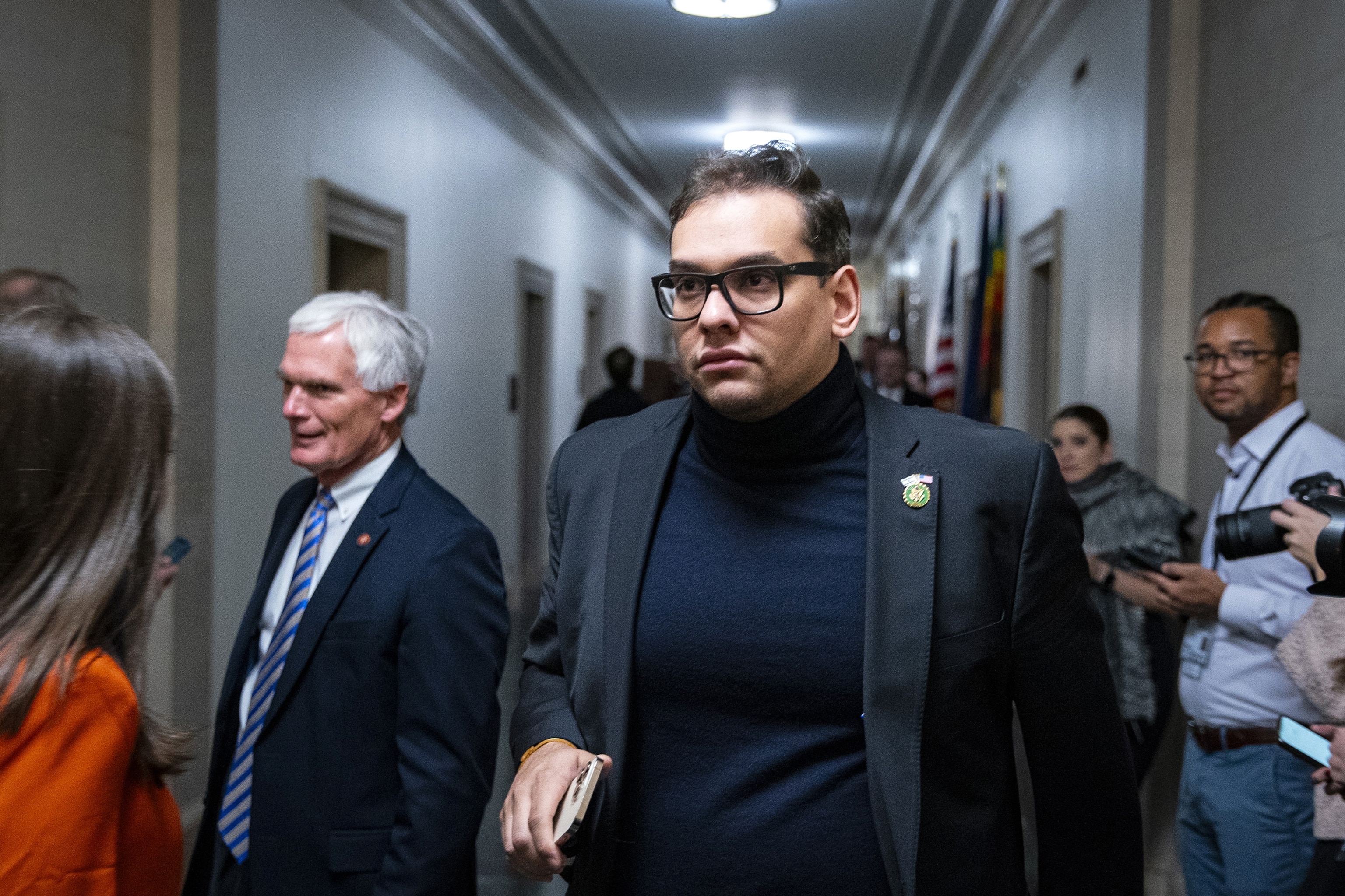 PHOTO: Representative George Santos departs following a House Republican caucus meeting on Capitol Hill in Washington, D.C., on Oct. 23, 2023. 