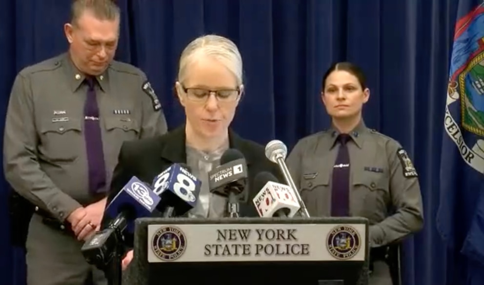 PHOTO: Capt. Kelly Swift, New York State Police investigator, provides information at a news conference on Feb. 14, 2025, on the homicide of Sam Nordquist, a 24-year-old transgender man, allegedly fatally tortured by five individuals charged with murder.