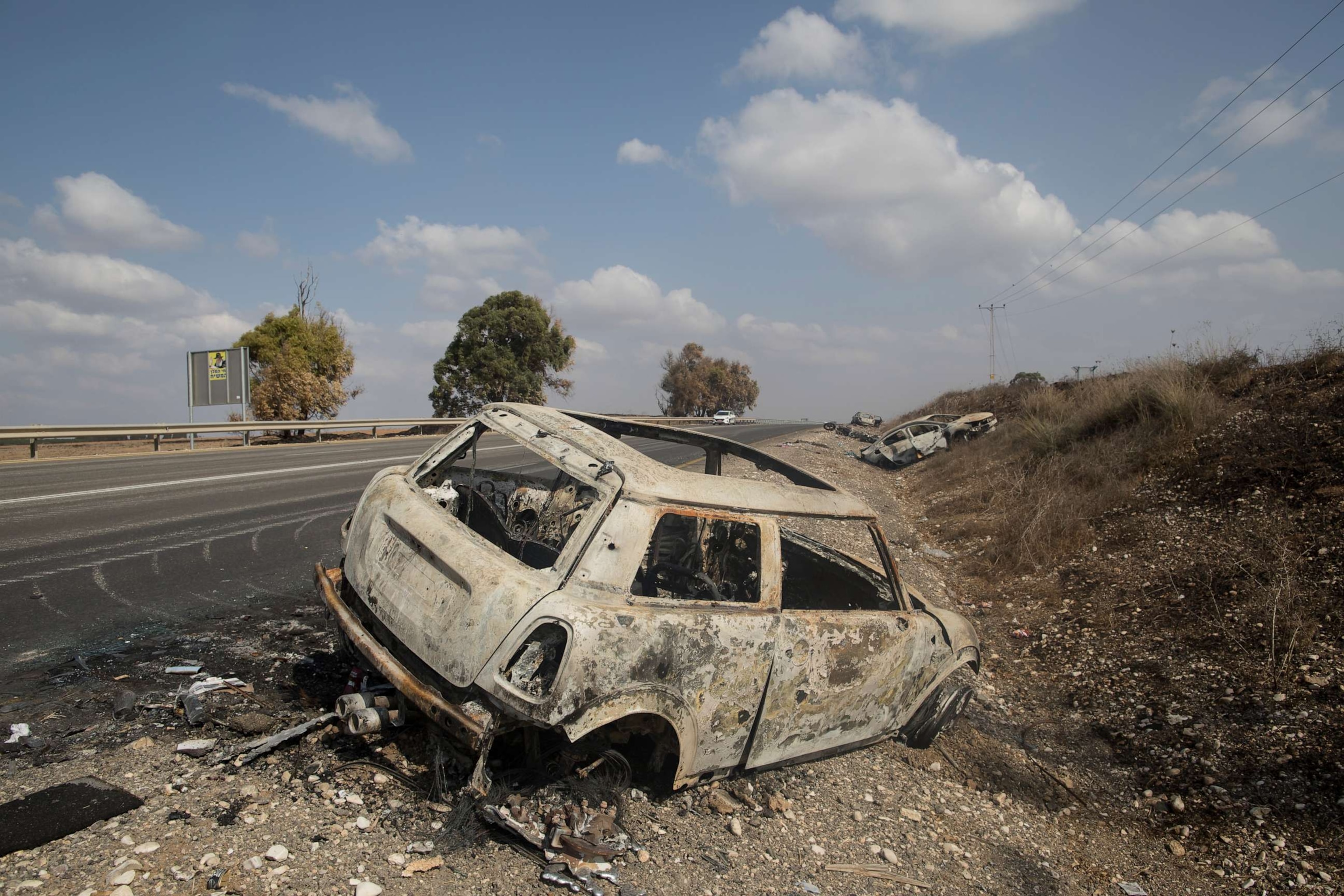 PHOTO: KFAR AZA, ISRAEL - OCTOBER 10: A destroyed car that was attacked by Palestinian militants on Oct. 10, 2023 in unspecified, Israel.