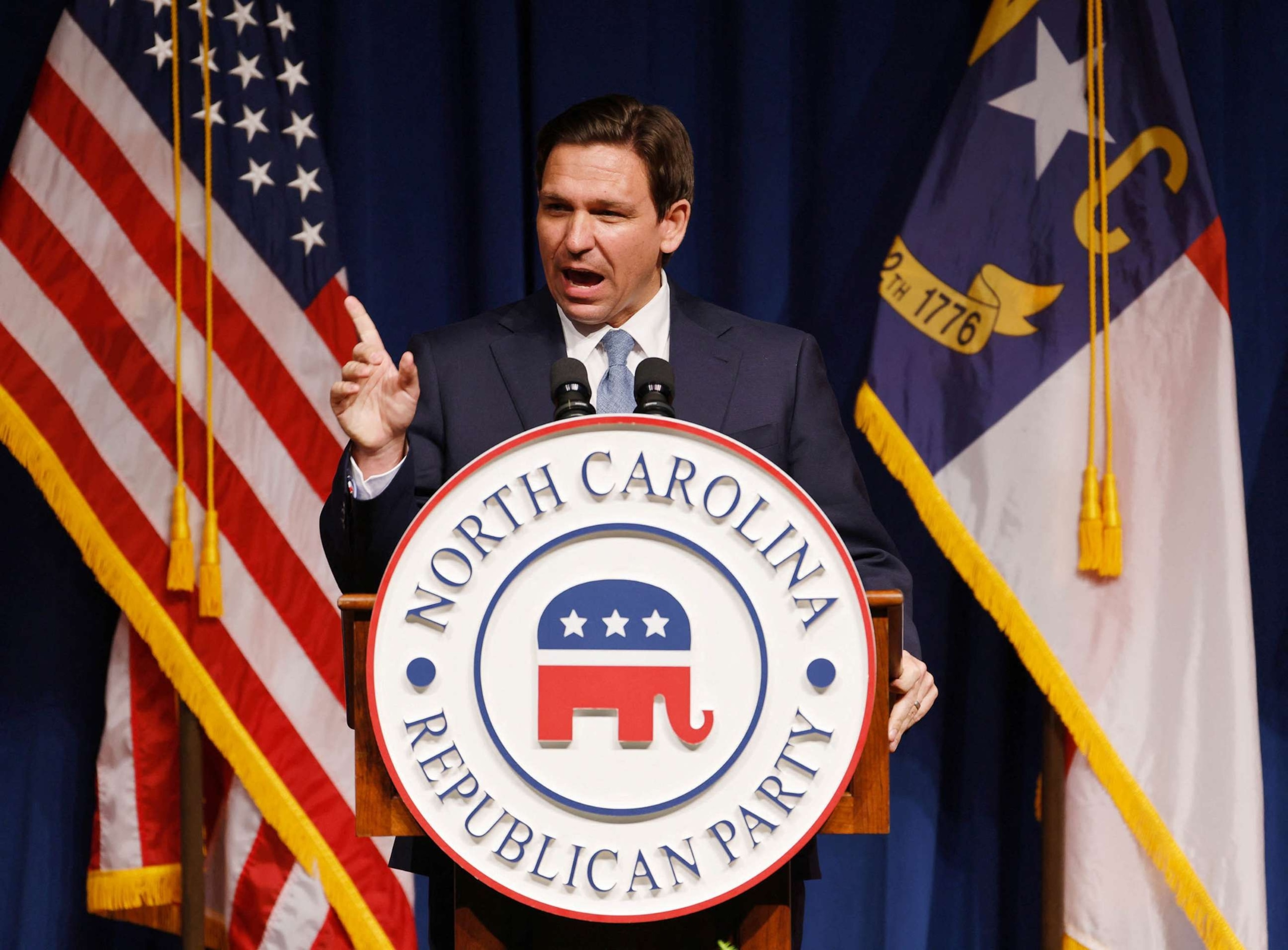 PHOTO: Florida Governor and Republican presidential candidate Ron DeSantis speaks at the North Carolina Republican Party convention in Greensboro, N.C., June 9, 2023.