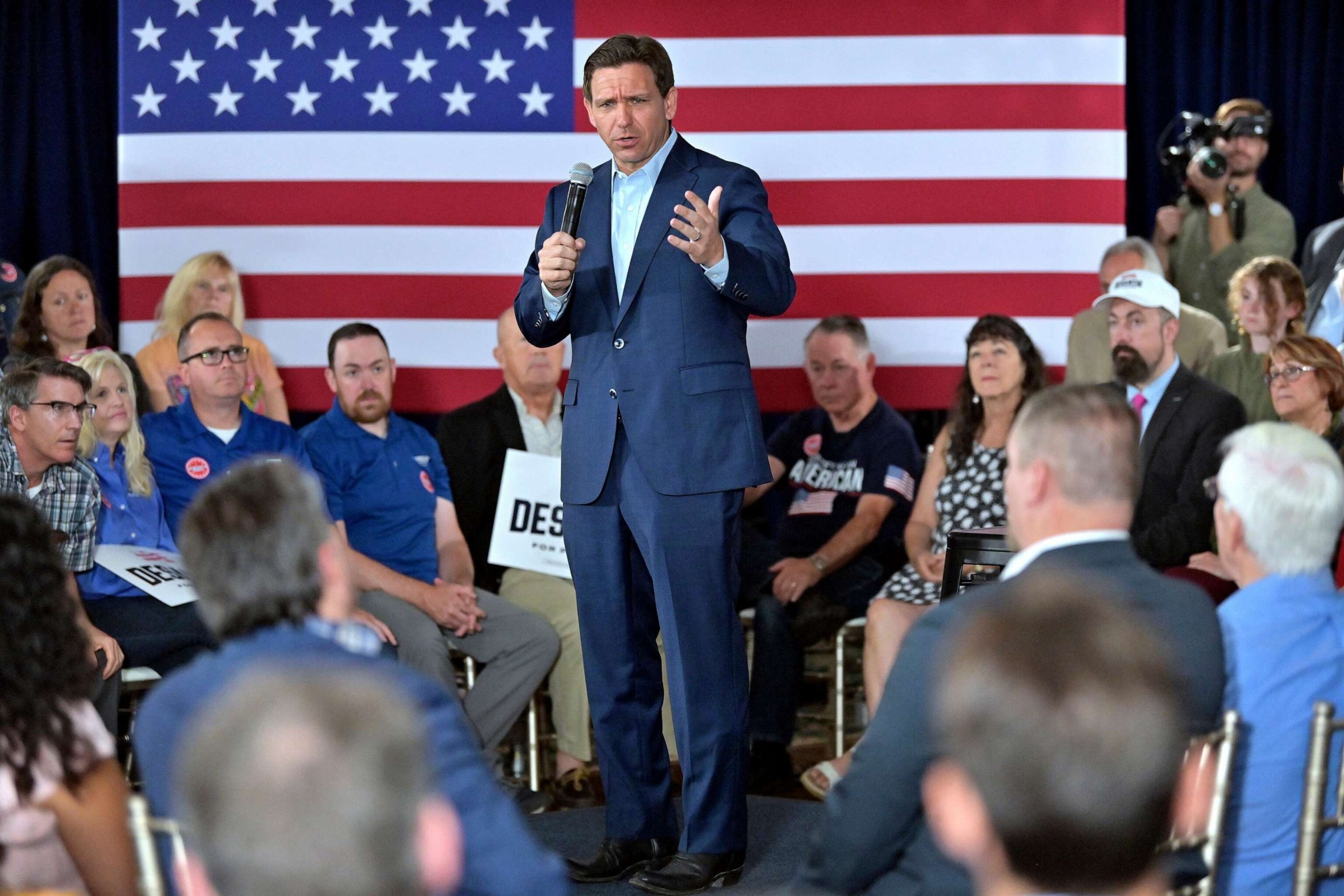 PHOTO: Republican presidential candidate Florida Gov. Ron DeSantis speaks during a town hall event in Hollis, N.H., on June 27, 2023.