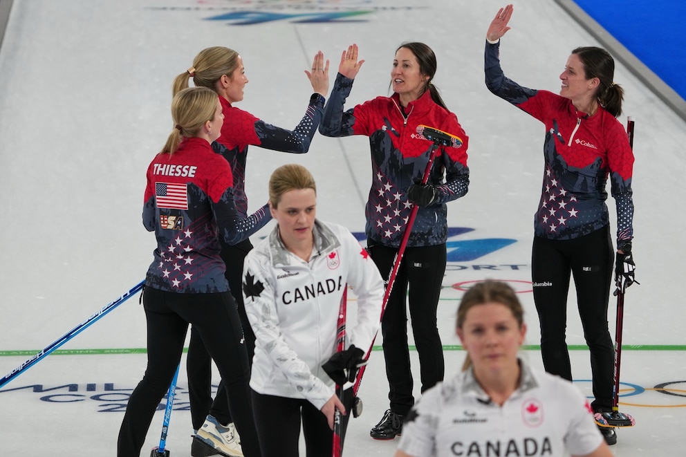 PHOTO: USA curlers Cory Thiesse, Taylor Anderson-Heide, Tabitha Peterson, and Tara Peterson celebrate after defeating Canada at the Milano Cortina 2026 Winter Olympic Games in Cortina d'Ampezzo, Italy, Feb. 13, 2026. Feb. 15, 2026.