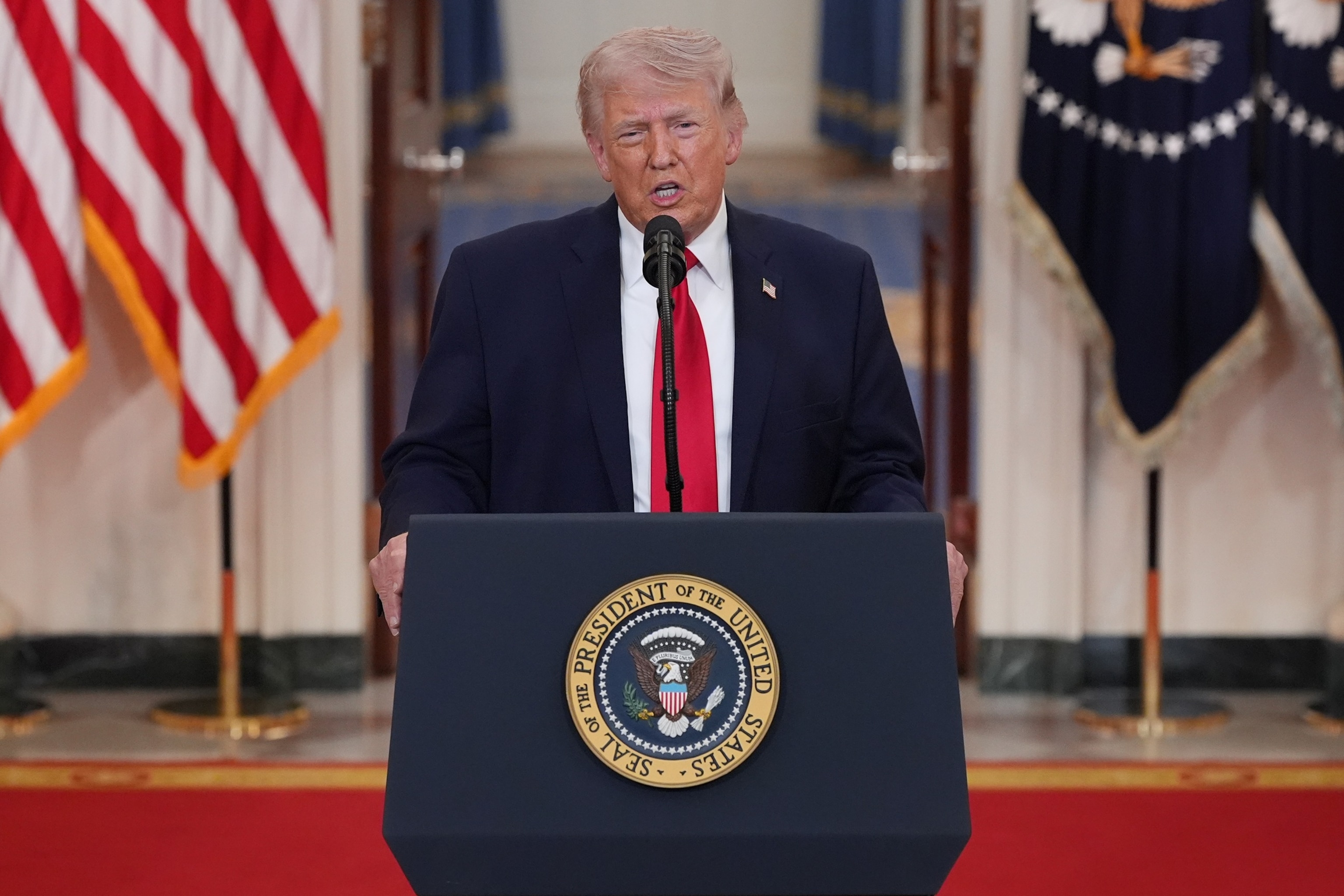 PHOTO: President Donald Trump speaks from the Cross Hall of the White House, April 1, 2026.