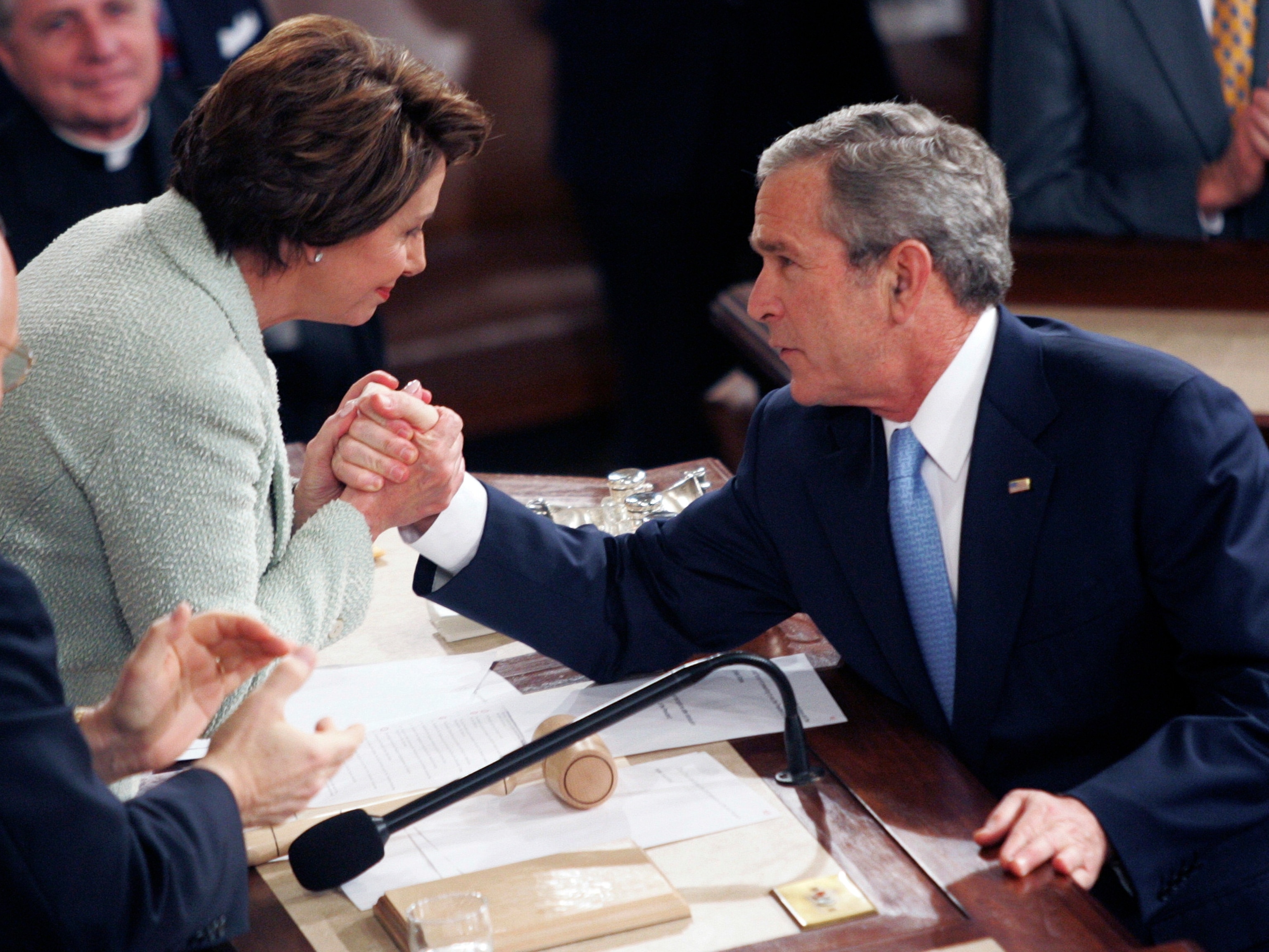 PHOTO: In this Jan. 23, 2007 file photo President George W. Bush shakes hands with Speaker of the House Nancy Pelosi after his State of the Union speech in the Capitol in Washington.