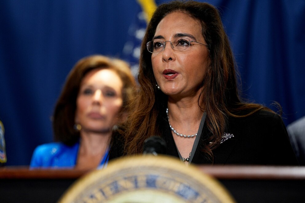 PHOTO: FILE PHOTO: Assistant Attorney General for Civil Rights Harmeet Dhillon speaks about Elias Rodriguez, suspect in fatal shooting of two Israeli embassy staffers, in Washington