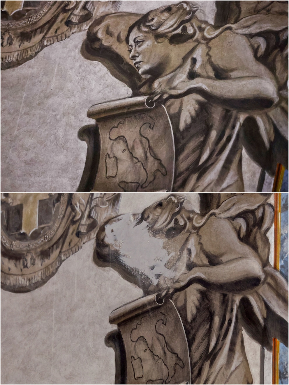 PHOTO: A combination image shows the apparent likeness of Italian Prime Minister Giorgia Meloni on a restore fresco on Jan. 31, 2026, and the angel fresco painting covered (bottom), inside the Basilica of St. Lawrence in Lucina, Rome, Italy, Feb. 4, 2026.