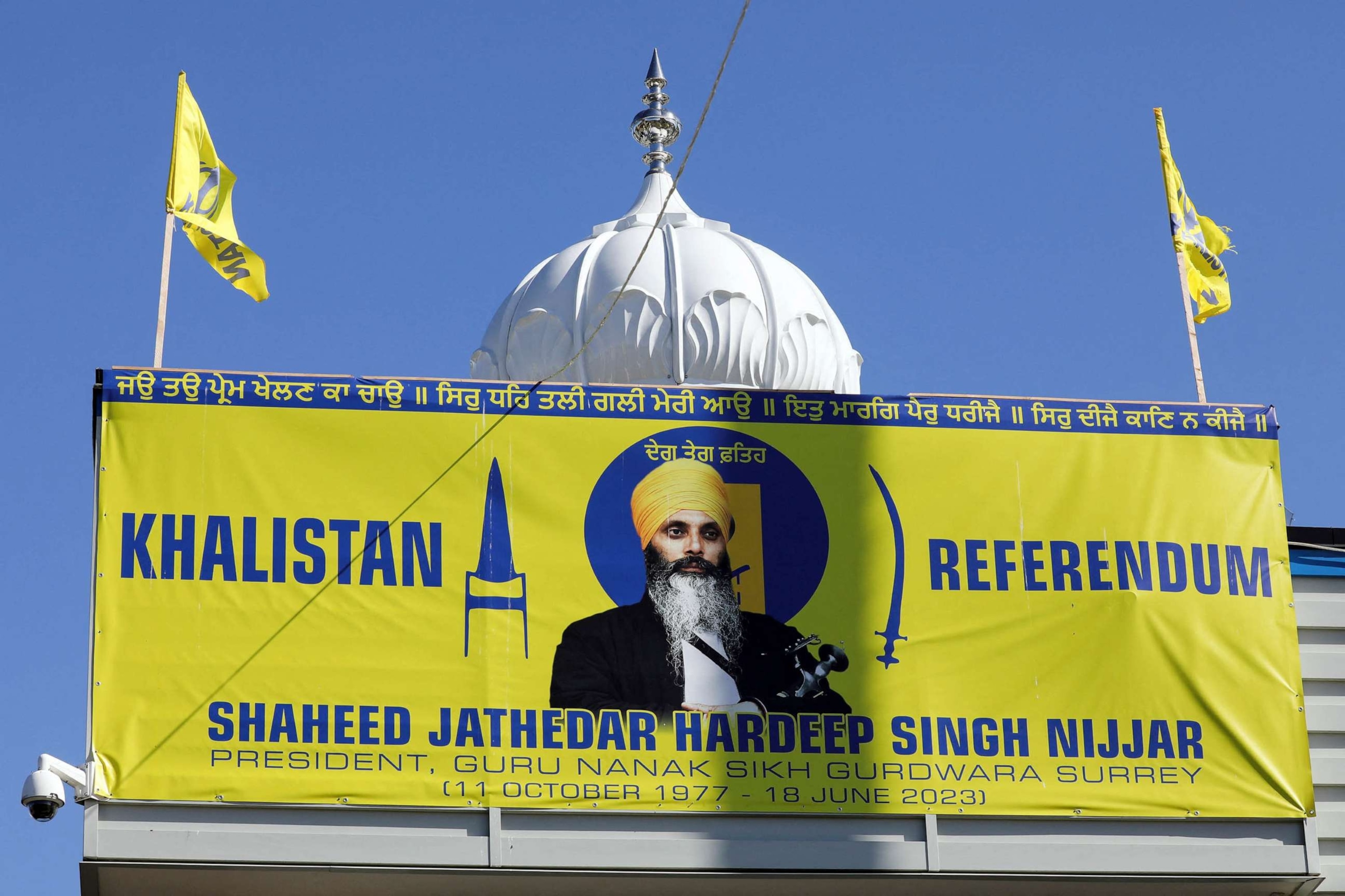 PHOTO: A sign outside the Guru Nanak Sikh Gurdwara temple is seen after the killing on its grounds in June 2023 of Sikh leader Hardeep Singh Nijjar, in Surrey, British Columbia, Canada Sept. 18, 2023.