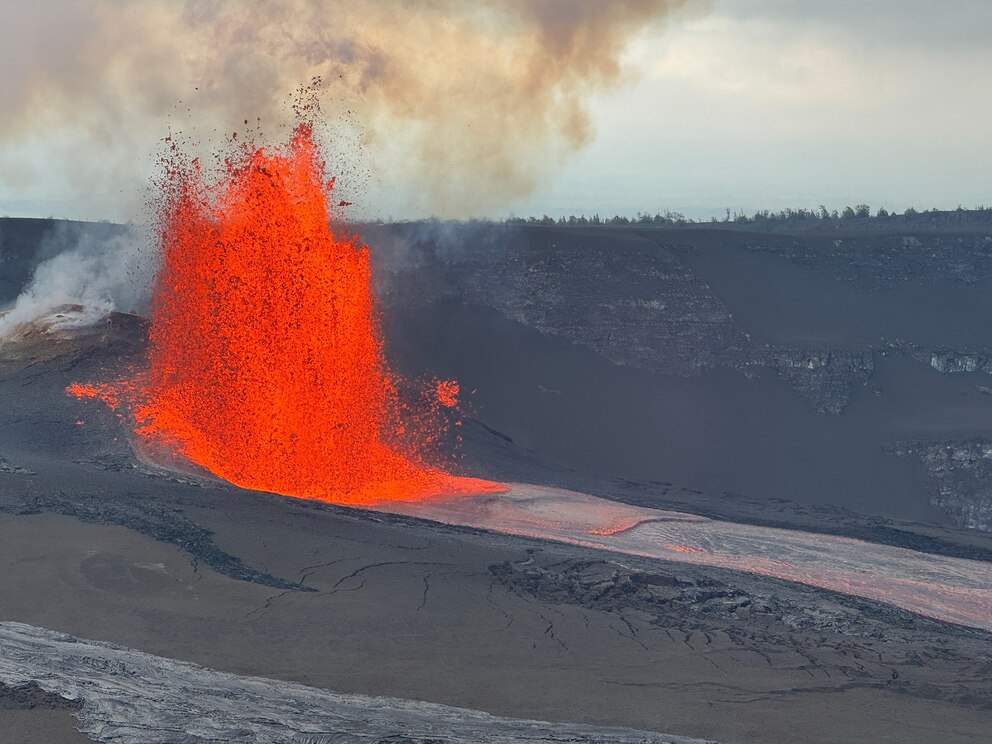 PHOTO: The lava fountain from the north vent in Halemaʻumaʻu at the summit of Kīlauea viewed from the south rim at approximately 3 p.m. HST on May 5, 2026. 