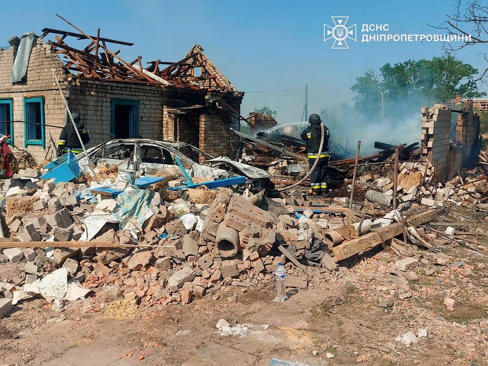 PHOTO: This handout photograph taken and released by Ukrainian State Emergency Service on July 13, 2025, shows firefighters working in Velykomykhaylivka village, Dnipropetrovsk region, amid the Russian invasion of Ukraine. 