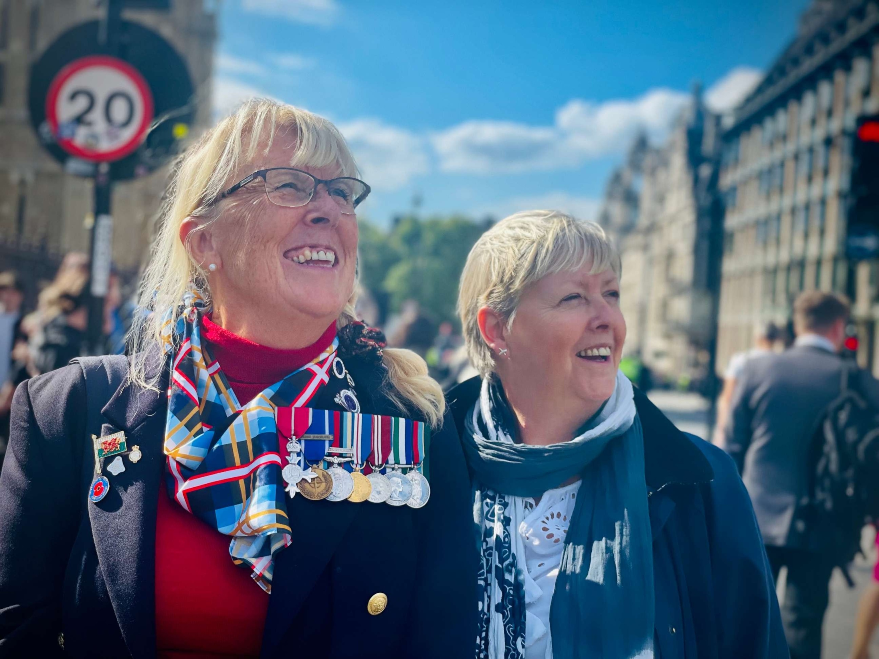 PHOTO: Annette Penfold MBE and Tina Gray are among the hundreds of thousands of mourners lining up to pay their respects in London as Queen Elizabeth II lies in state in Westminster Hall until her state funeral on Monday, Sept. 19, 2022.