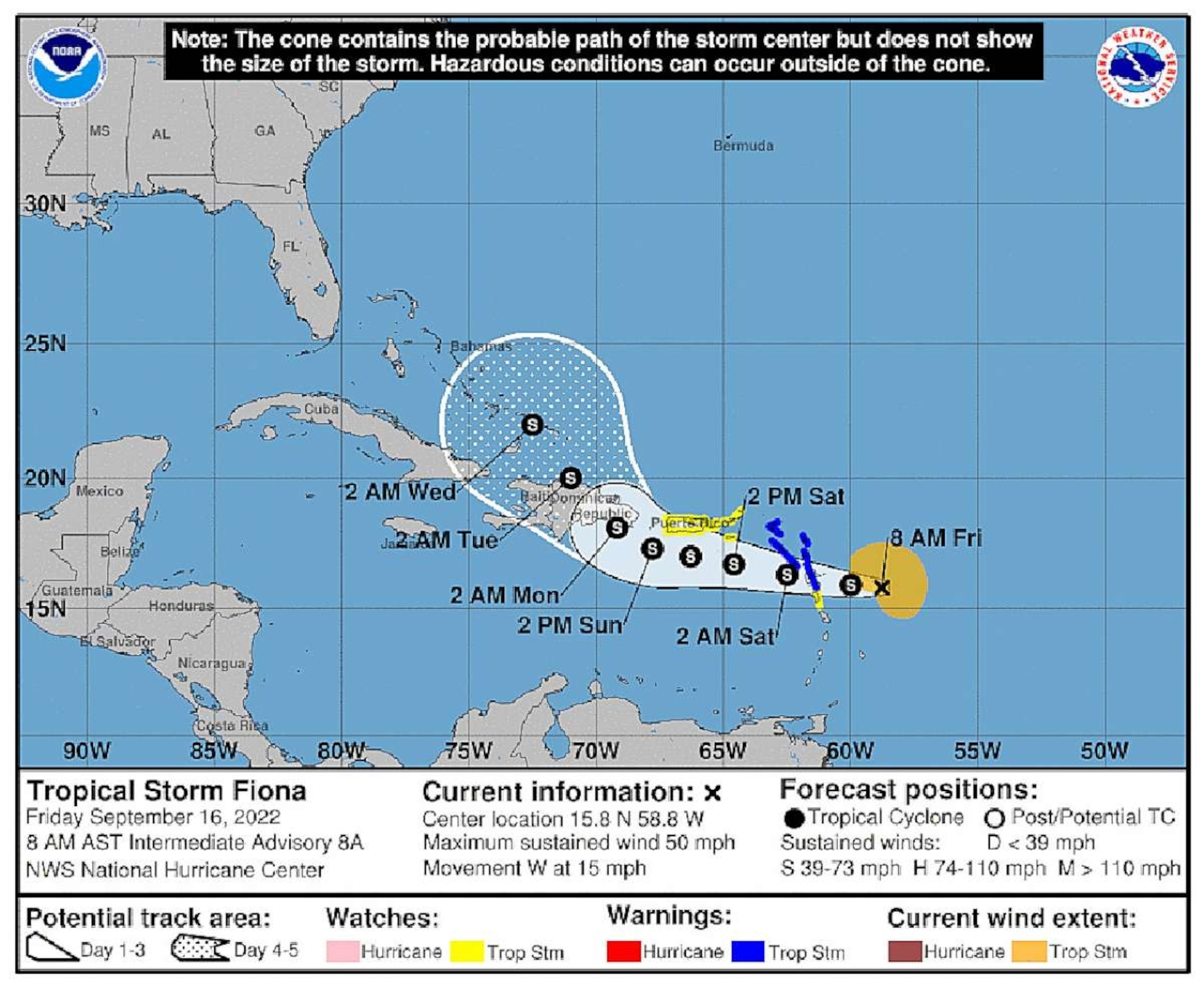 PHOTO: The probable path of tropical storm Fiona is shown in a graphic from NOAA, on Sept. 16, 2022. 