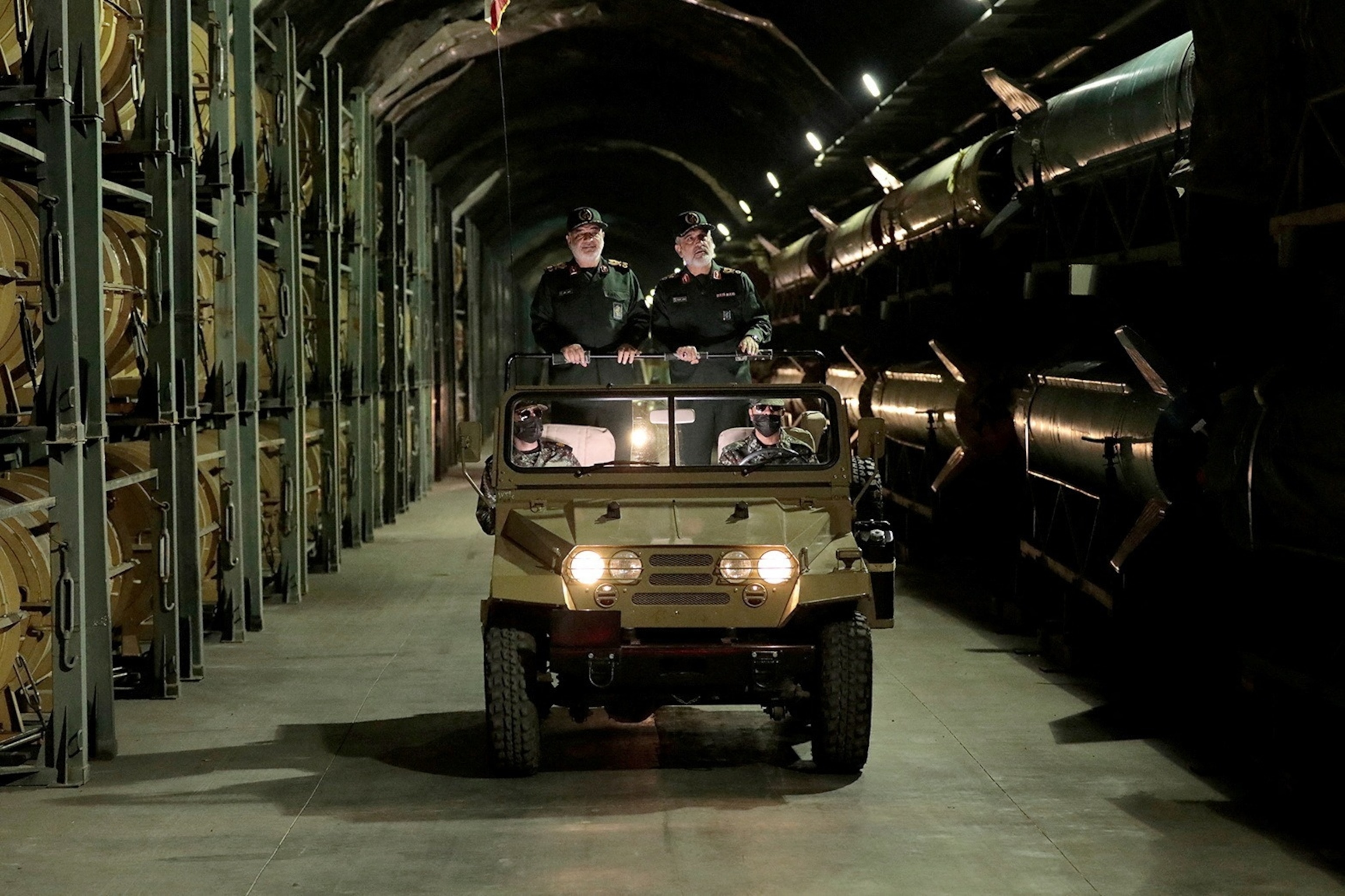PHOTO: Then-commander-in-chief of the IRGC, Maj. General Hossein Salami, and commander of the IRGC Aerospace Force, Amir Ali Hajizadeh, visit an underground arsenal at an undisclosed location in Iran, in this picture obtained on Jan. 11, 2025.