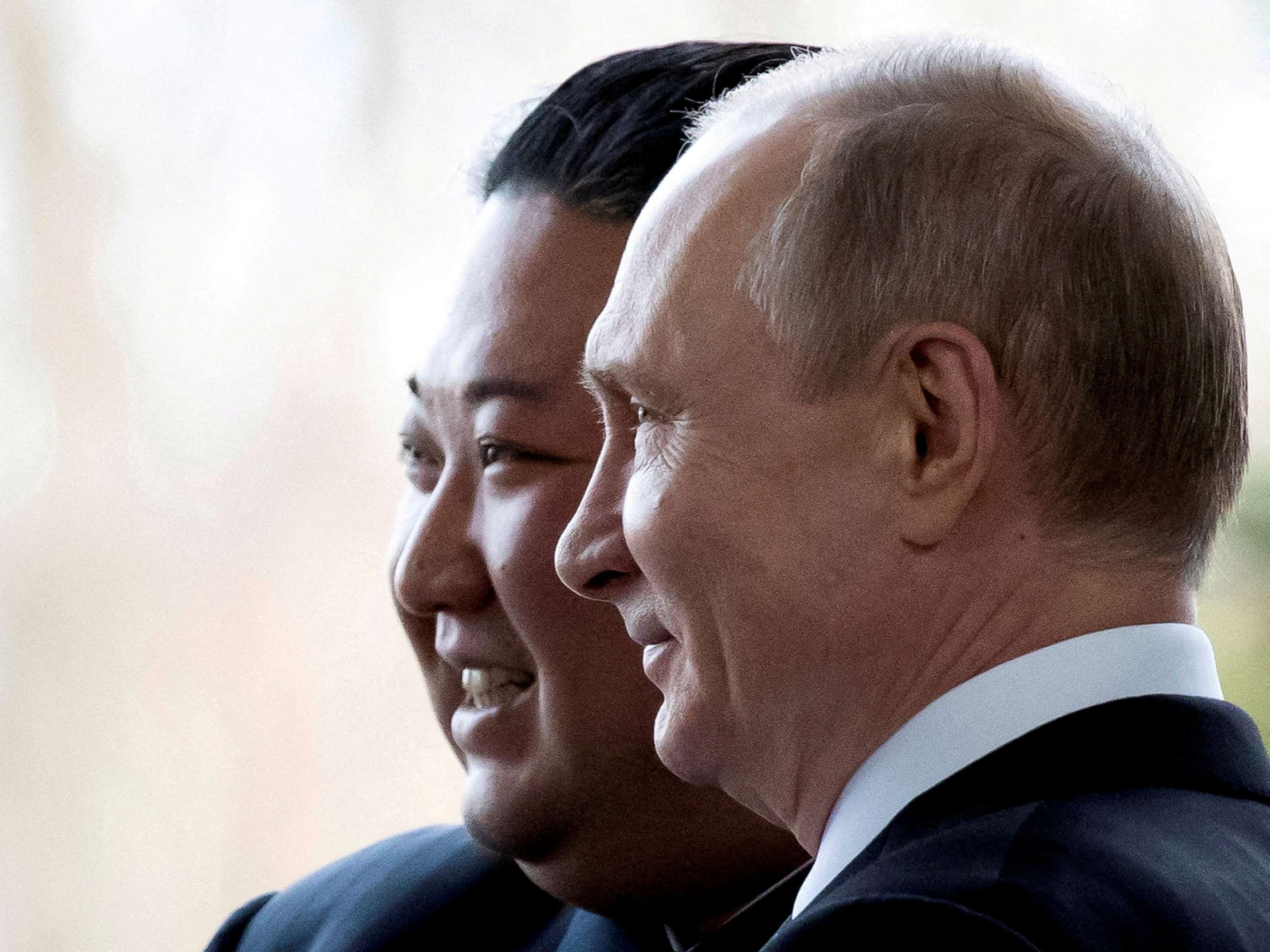 FILE PHOTO: Russian President Vladimir Putin and North Korea's leader Kim Jong Un pose for a photo during their meeting in Vladivostok, Russia, April 25, 2019.