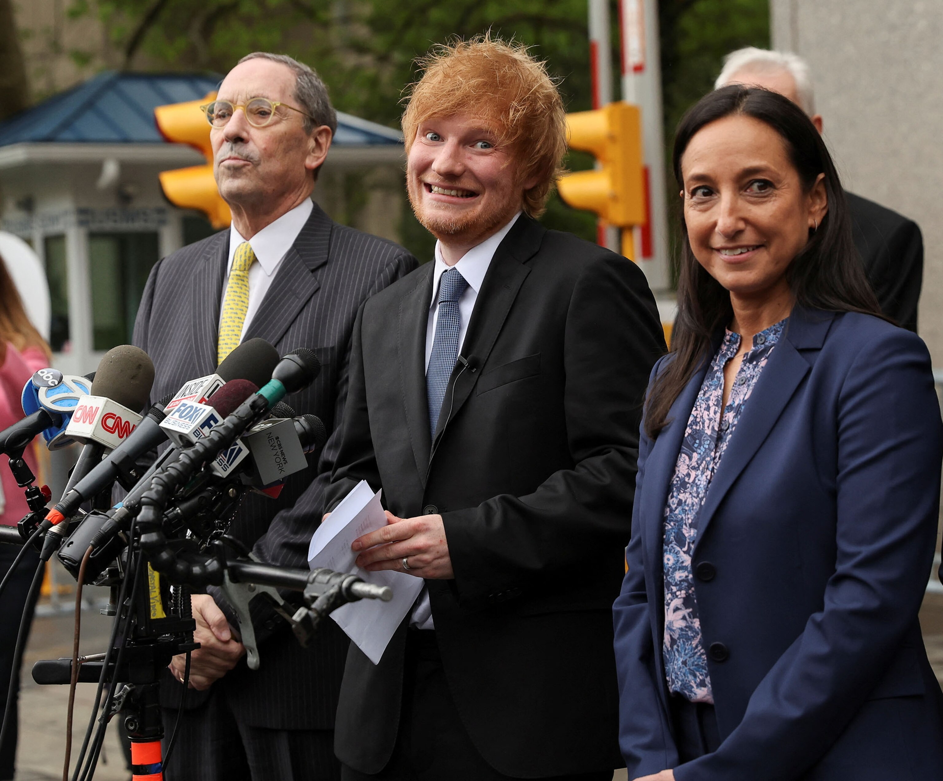 PHOTO: Singer Ed Sheeran speaks to the media, after after his copyright trial at Manhattan federal court, in New York City, May 4, 2023.