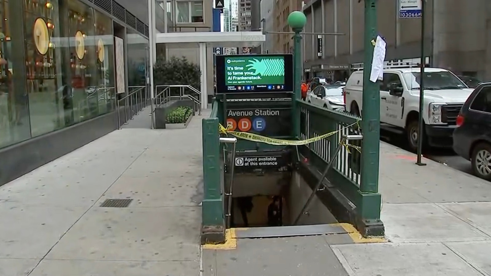 In this screen grab from a video, crime scene tape is shown at the a subway entrance near the scene of a shooting in New York, on Oct. 17, 2026.WABC