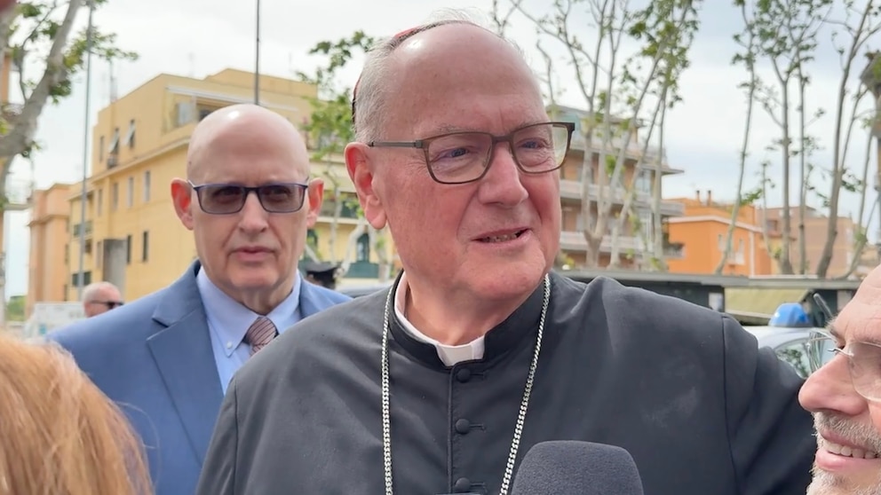 PHOTO: Cardinal Timothy Dolan spoke to reporters after a mass service in Rome on May 4, 2025. 