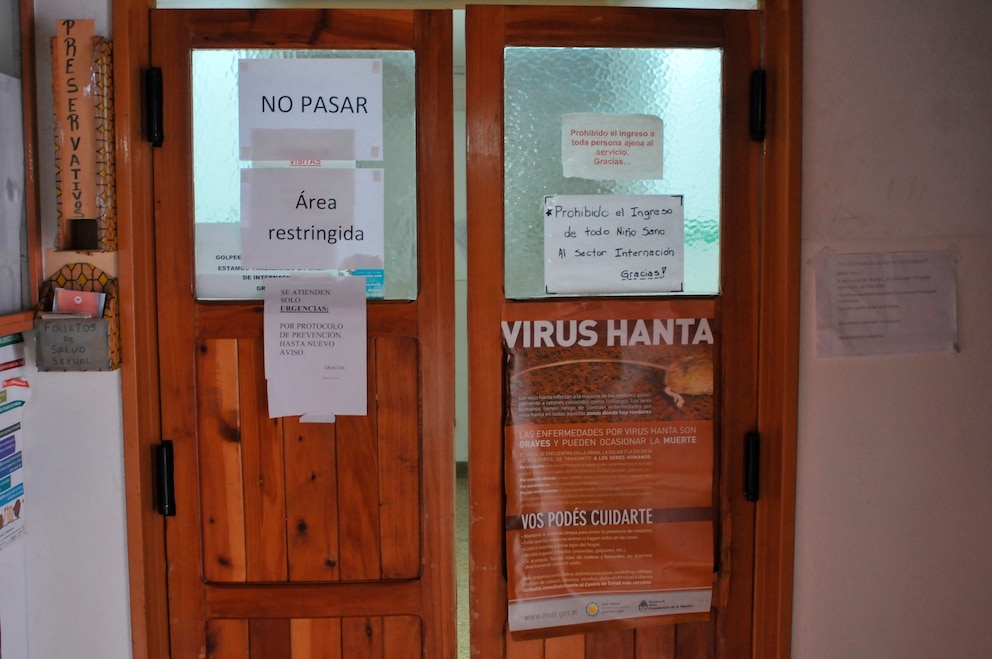 PHOTO: Signs that read in Spanish "don't pass" are posted on the doors at the local hospital in Epuyen, Argentina, Jan. 11, 2019.