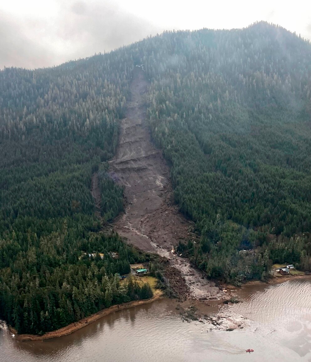 PHOTO: This photo provided by Sunrise Aviation shows the landslide that occurred the previous evening near Wrangell, Alaska, on Nov. 21, 2023.
