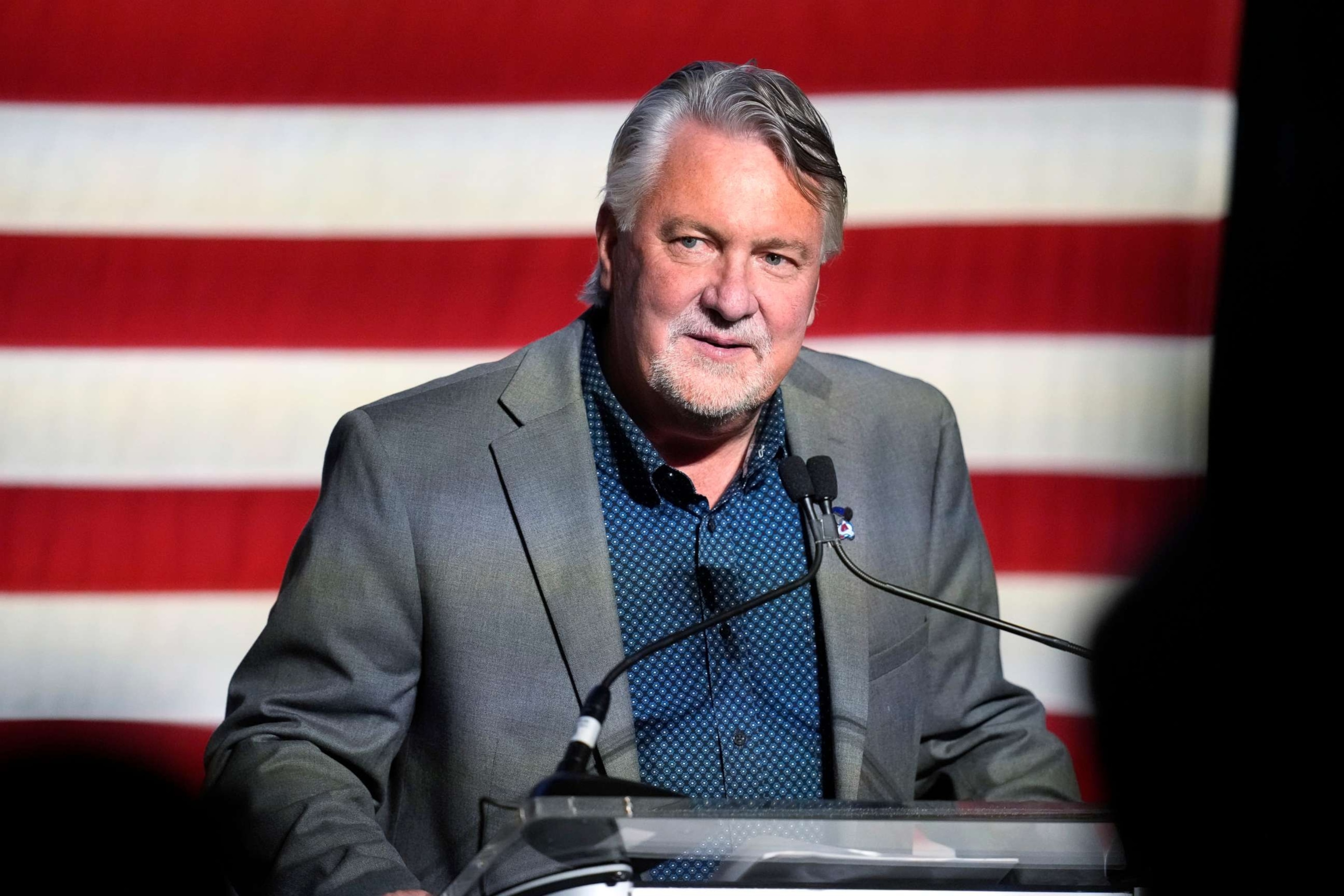 PHOTO: Joe O'Dea, Republican nominee for the U.S. Senate seat held by Democrat Michael Bennet, speaks during a primary election night watch party, late June 28, 2022, in Denver.