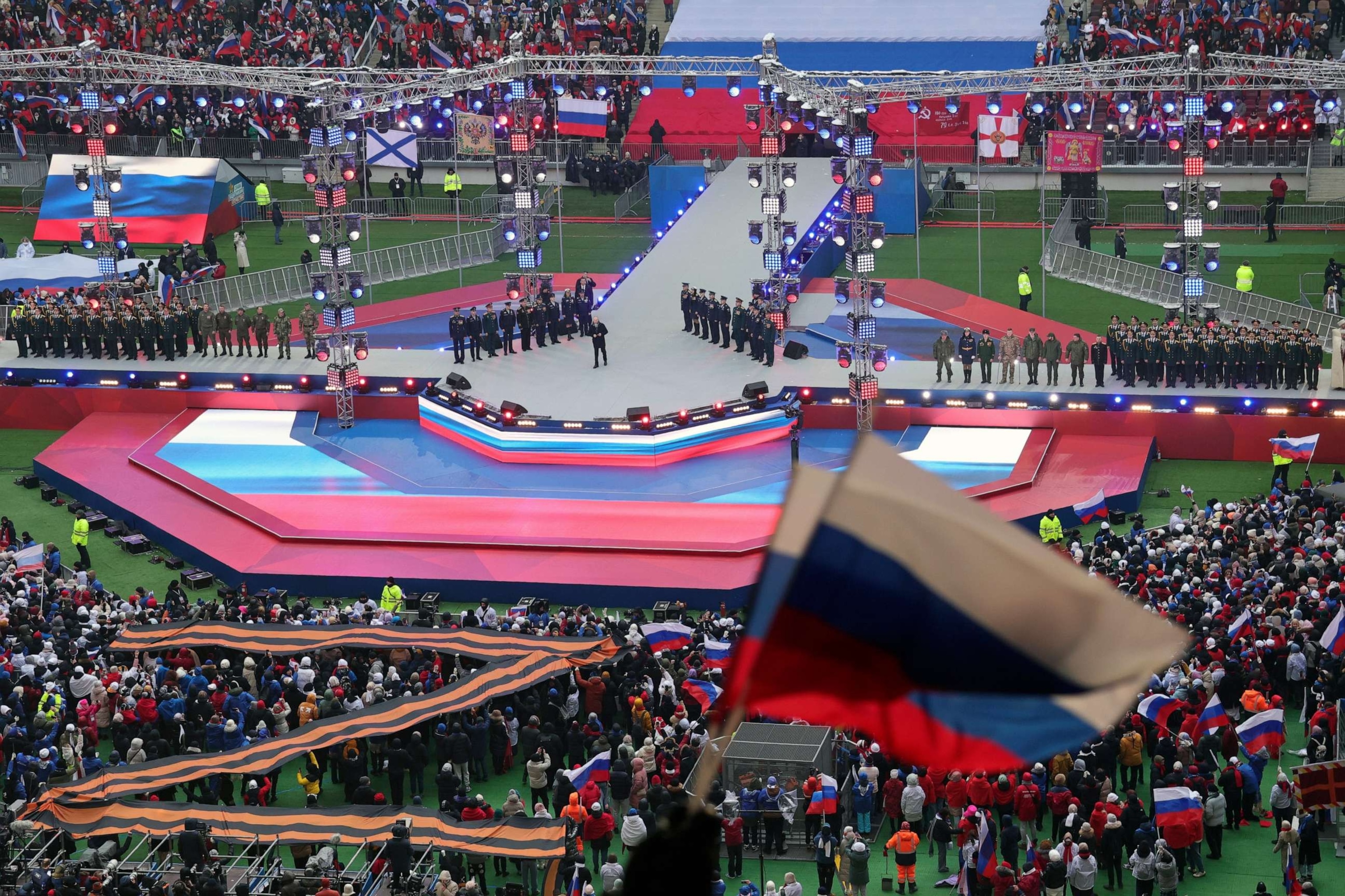 PHOTO: Russian President Vladimir Putin addresses the crowd during the "Glory to the Defenders of the Fatherland" concert, a day before the Defender of the Fatherland Day, a holiday honoring Russia's armed forces in Moscow, Russia, Feb. 22, 2023.