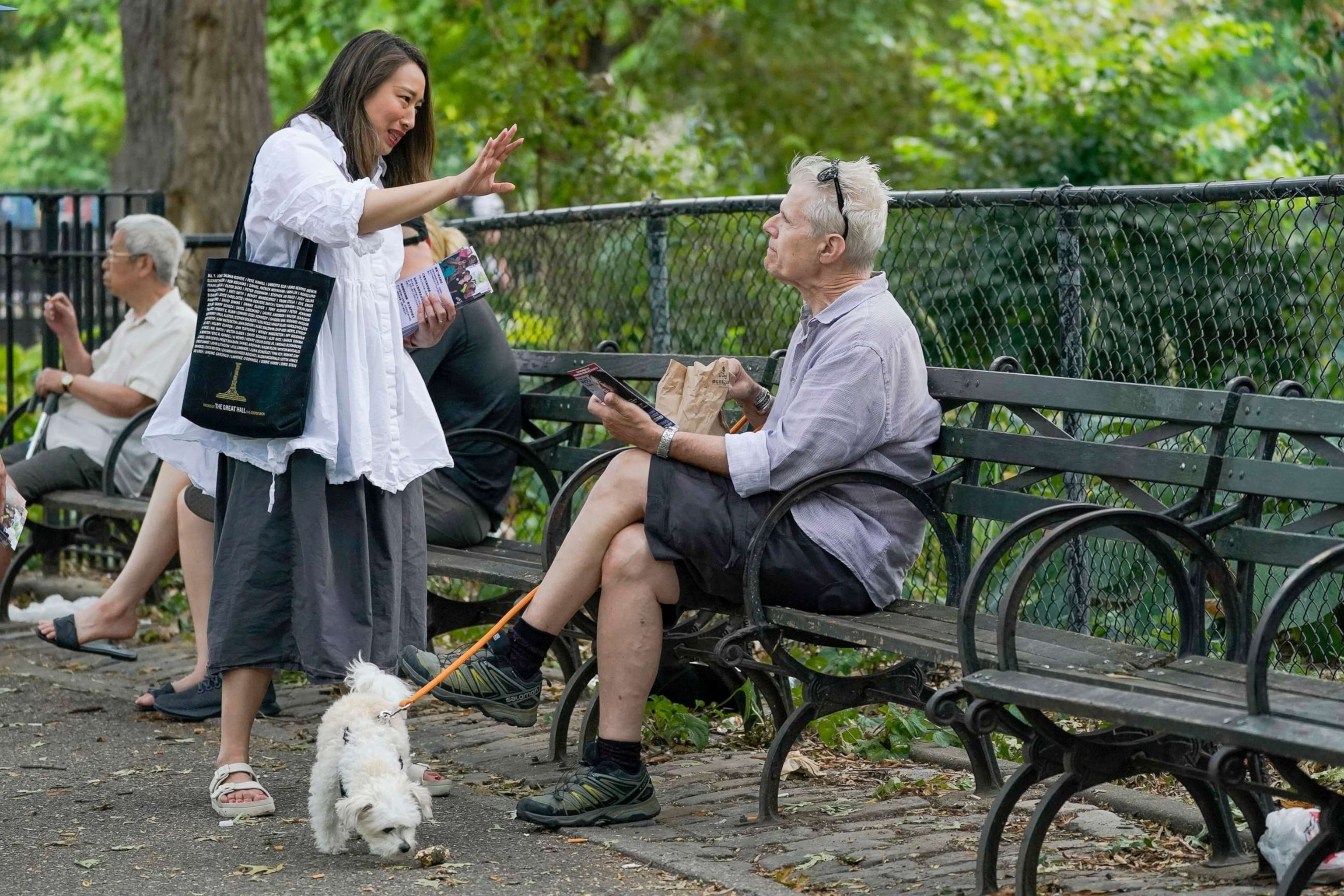 PHOTO: New York State Assemblywoman Yuh-Line Niou talks to voters while campaigning in Tompkins Square Park in New York, Aug. 21, 2022.