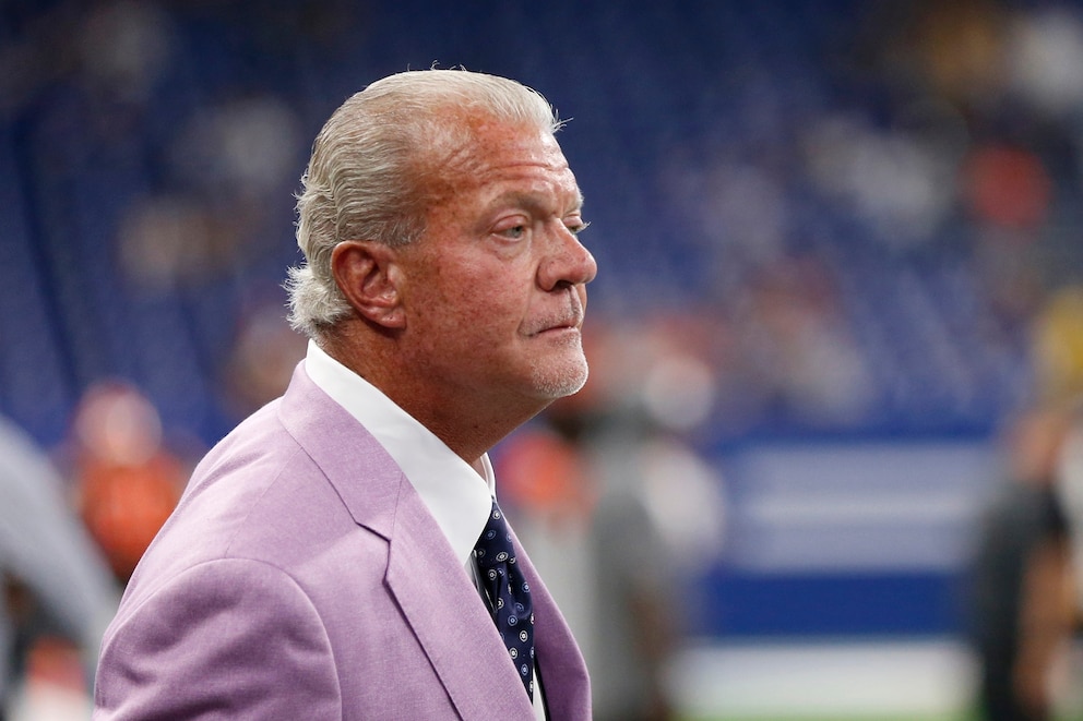 PHOTO: Indianapolis Colts owner Jim Irsay  on the field before the preseason game against the Cleveland Browns at Lucas Oil Stadium on August 17, 2019 in Indianapolis, Indiana.