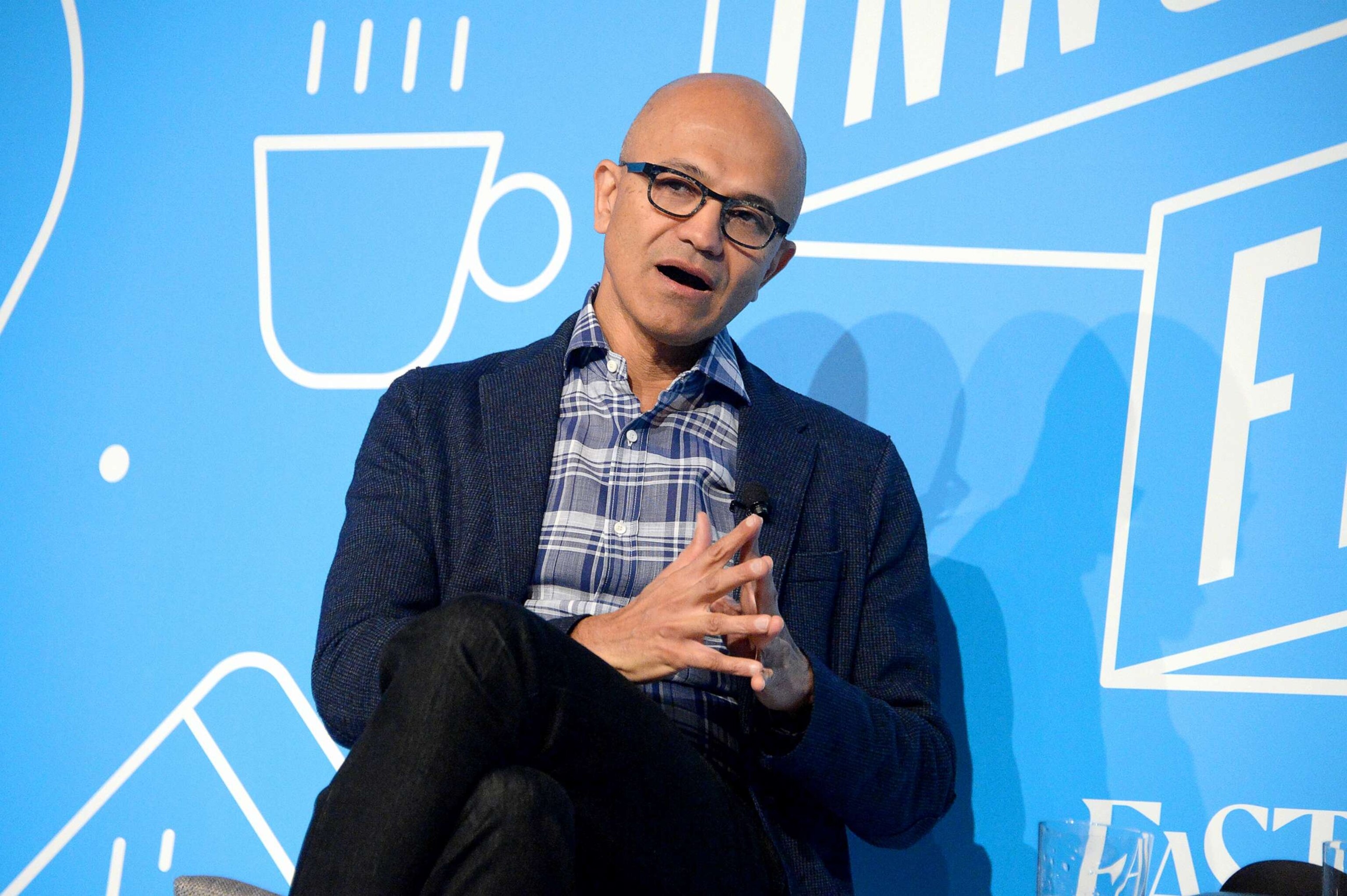 PHOTO: Satya Nadela speaks on stage at the "A Conversation with Microsoft's Satya Nadella" panel, Nov. 7, 2019, in New York City.