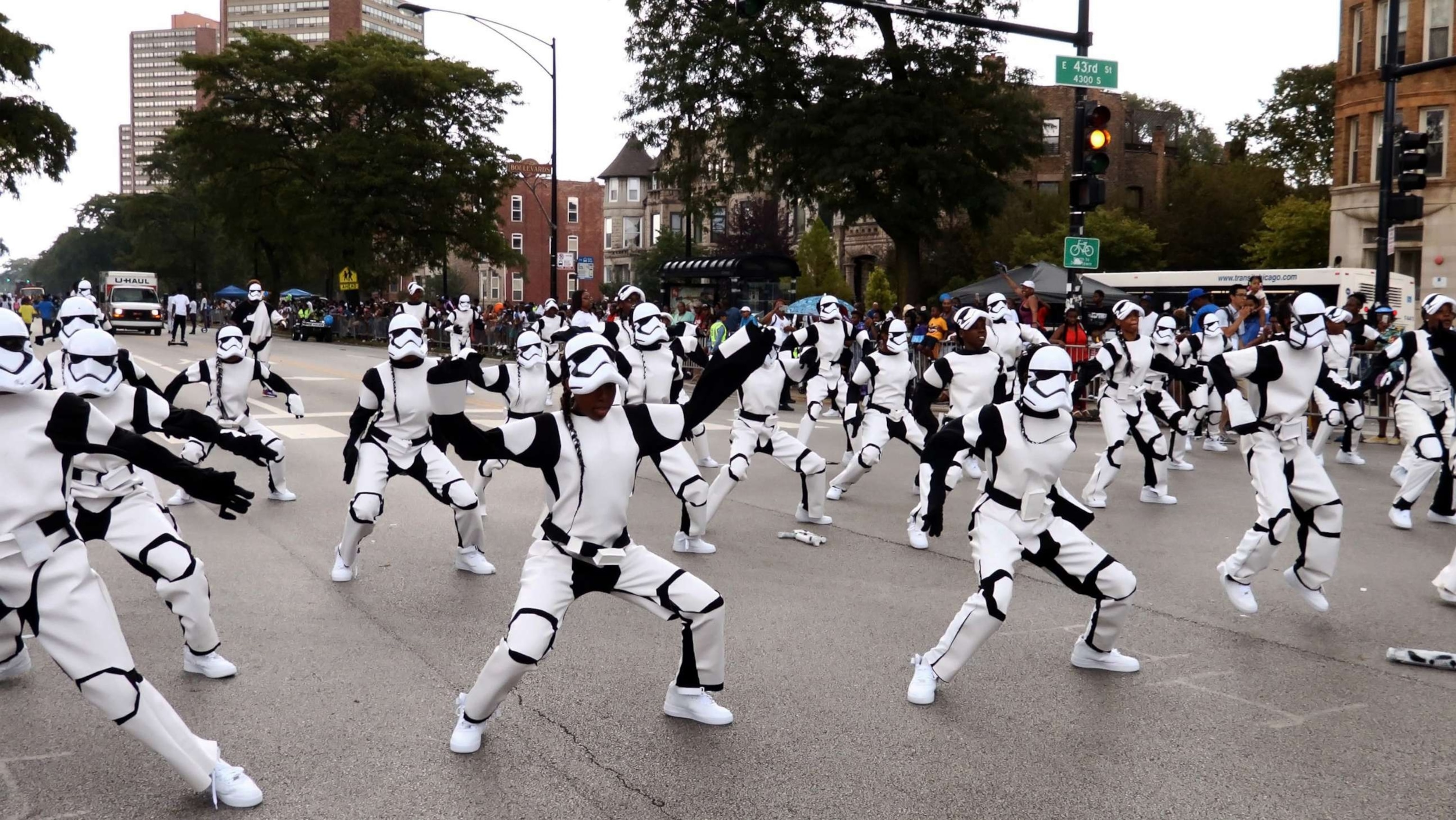 PHOTO: People dressed as Star Wars’ stormtroopers dance during the 87th "Bud Billiken Parade" on Martin Luther King Drive in Chicago, on Aug. 13, 2016.  