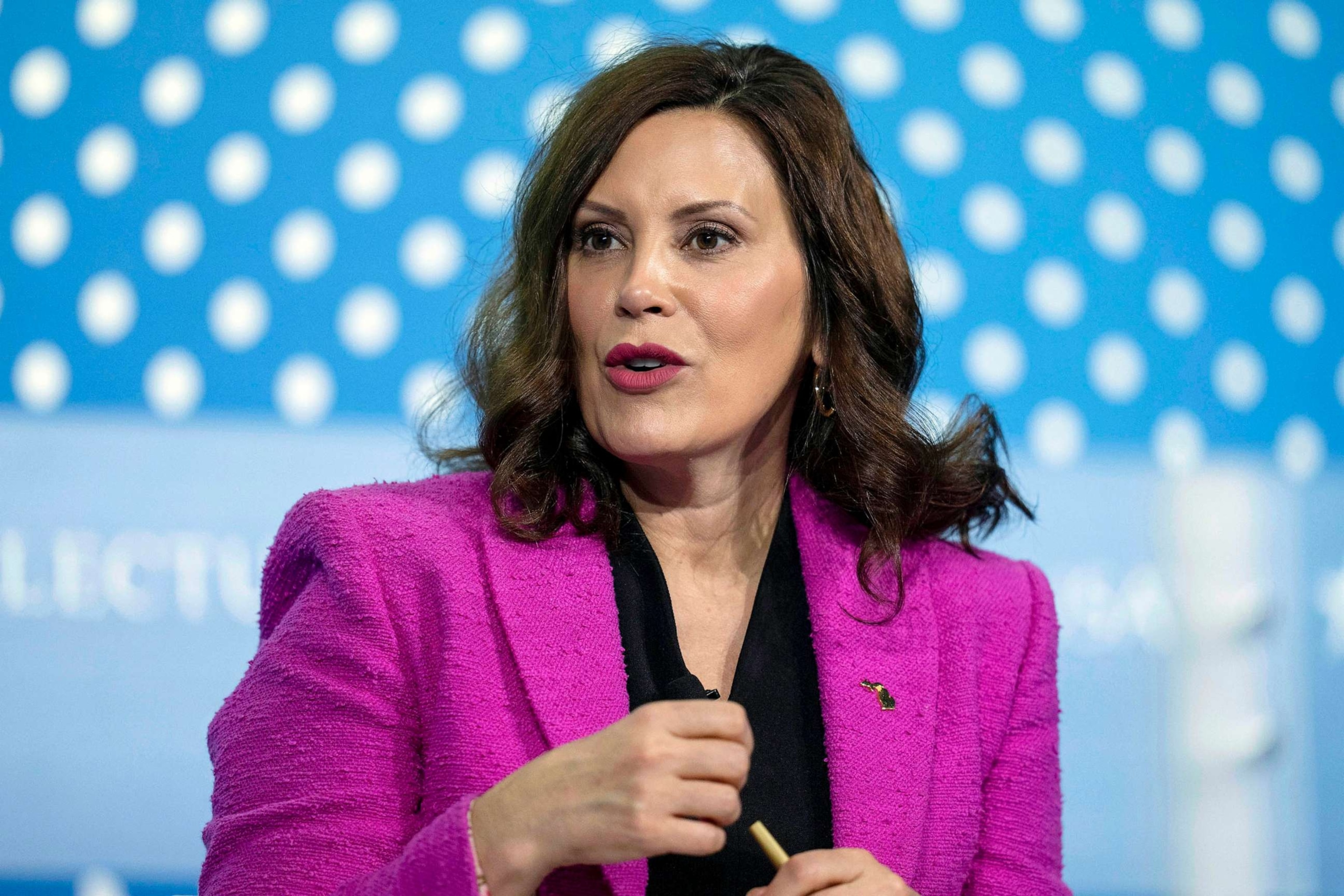 PHOTO: FILE - Michigan Gov. Gretchen Whitmer speaks at the SelectUSA Investment Summit, May 4, 2023, in Oxon Hill, Md.