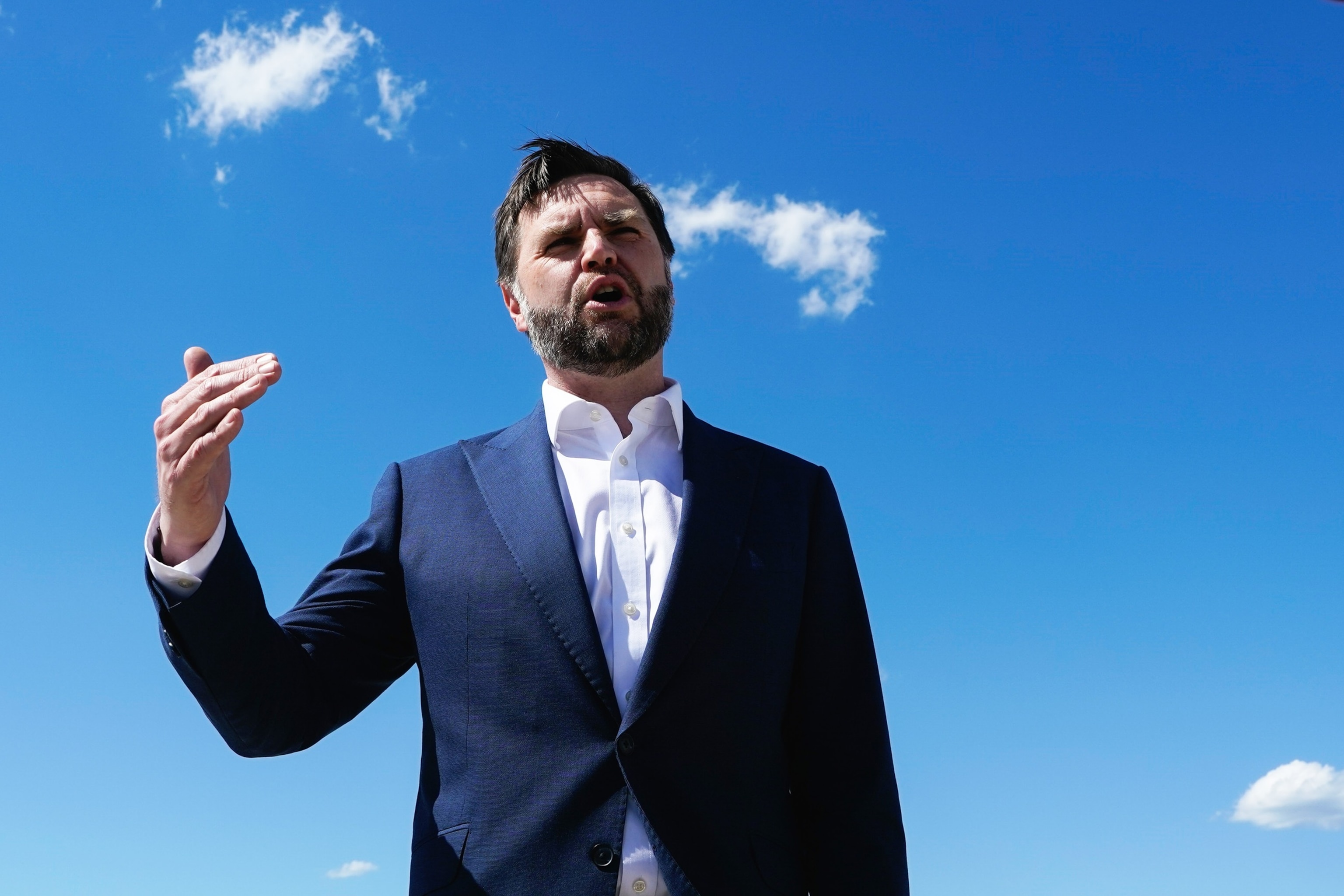 PHOTO: Vice President J.D. Vance speaks to reporters as he arrives on June 20, 2026, at Joint Base Andrews, Maryland.