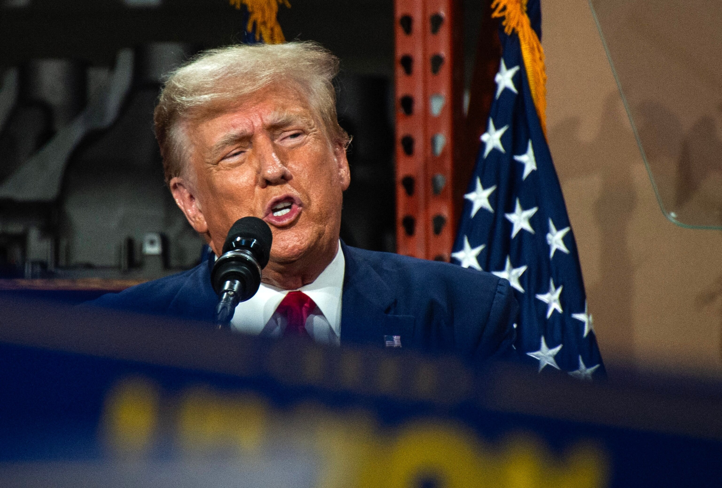 PHOTO: Former President and 2024 presidential hopeful Donald Trump speaks at Drake Enterprises, an automotive parts manufacturer and supplier, in Clinton, Michigan, on Sept. 27, 2023.