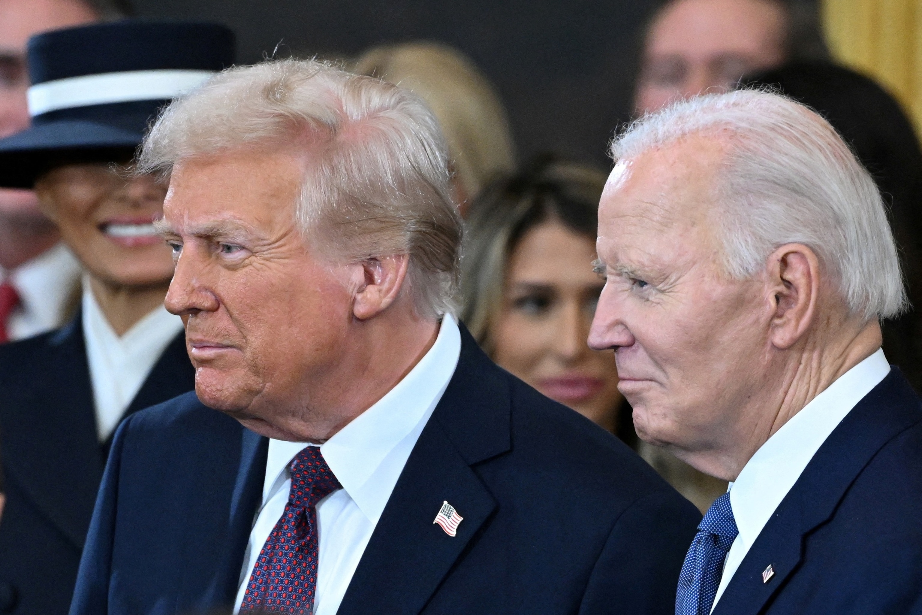 PHOTO: President Joe Biden looks on as President-elect Donald Trump arrives during the inauguration ceremony before Trump is sworn in as the 47th US President in the US Capitol Rotunda in Washington, Jan. 20, 2025.