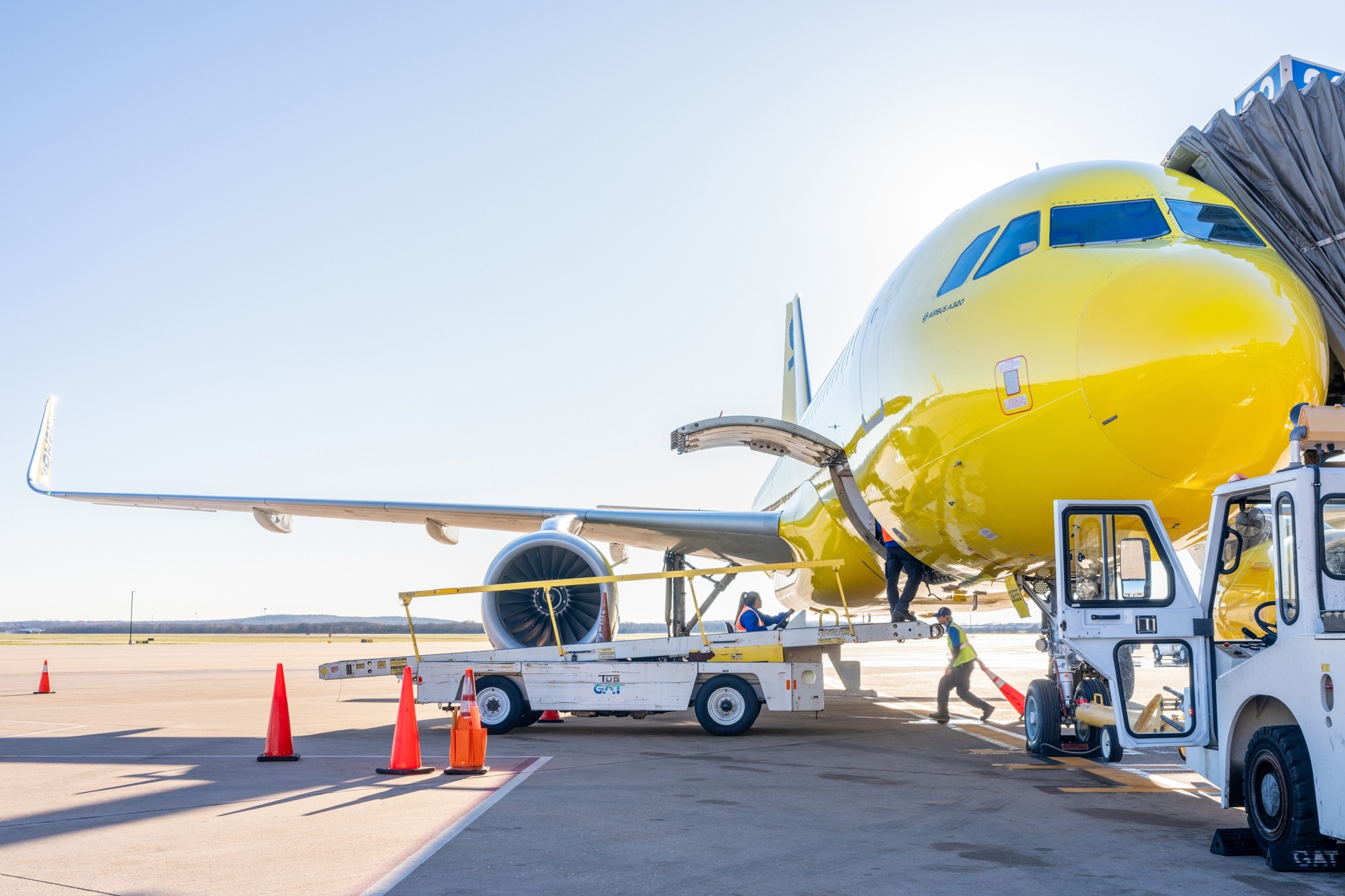 PHOTO: A Spirit Airlines aircraft undergoes operations in preparation for departure at the Austin-Bergstrom International Airport on February 12, 2024 in Austin, Texas