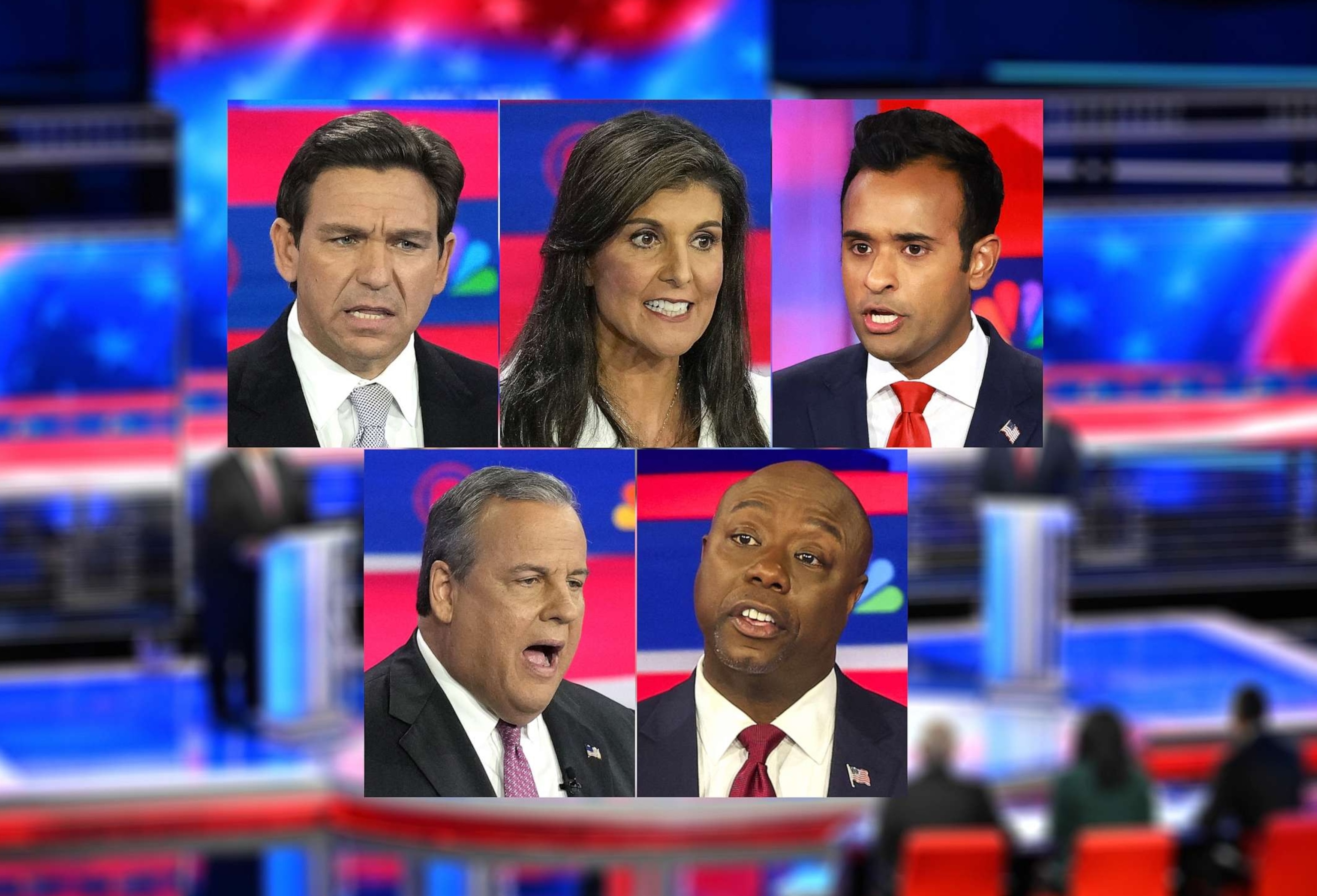 PHOTO: Florida Gov. Ron DeSantis, former UN ambassador Nikki Haley, Vivek Ramaswamy, Former Gov. of New Jersey Chris Christie, and Senator from South Carolina Tim Scott attend the third Republican presidential primary debate in Miami, November 8, 2023.