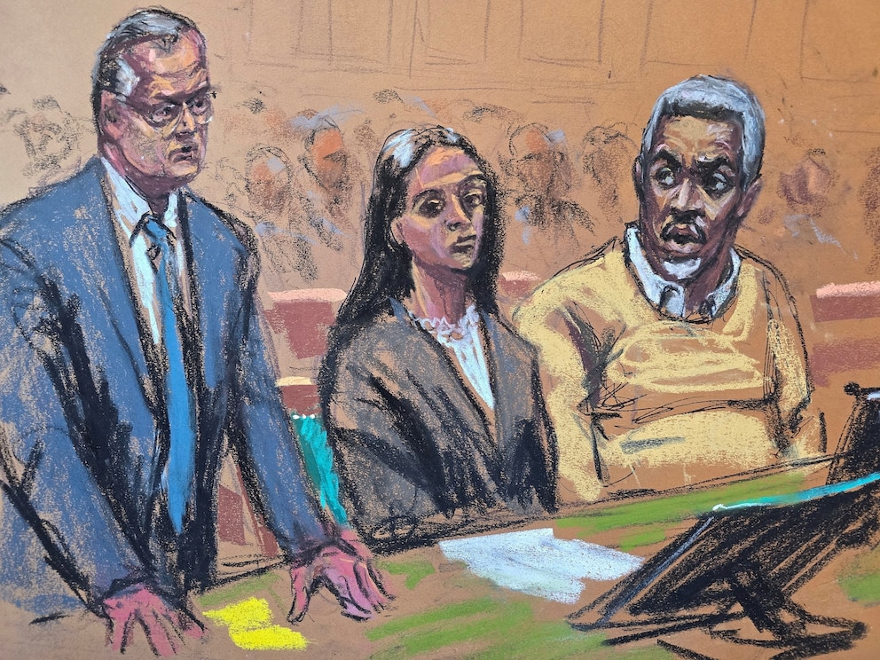 Sean "Diddy" Combs, next to his lawyers Teny Geragos and Marc Agnifilo, reacts after learning he will not be released on bail, during his sex trafficking and racketeering conspiracy trial in New York City, July 2, 2025, in this courtroom sketch. 