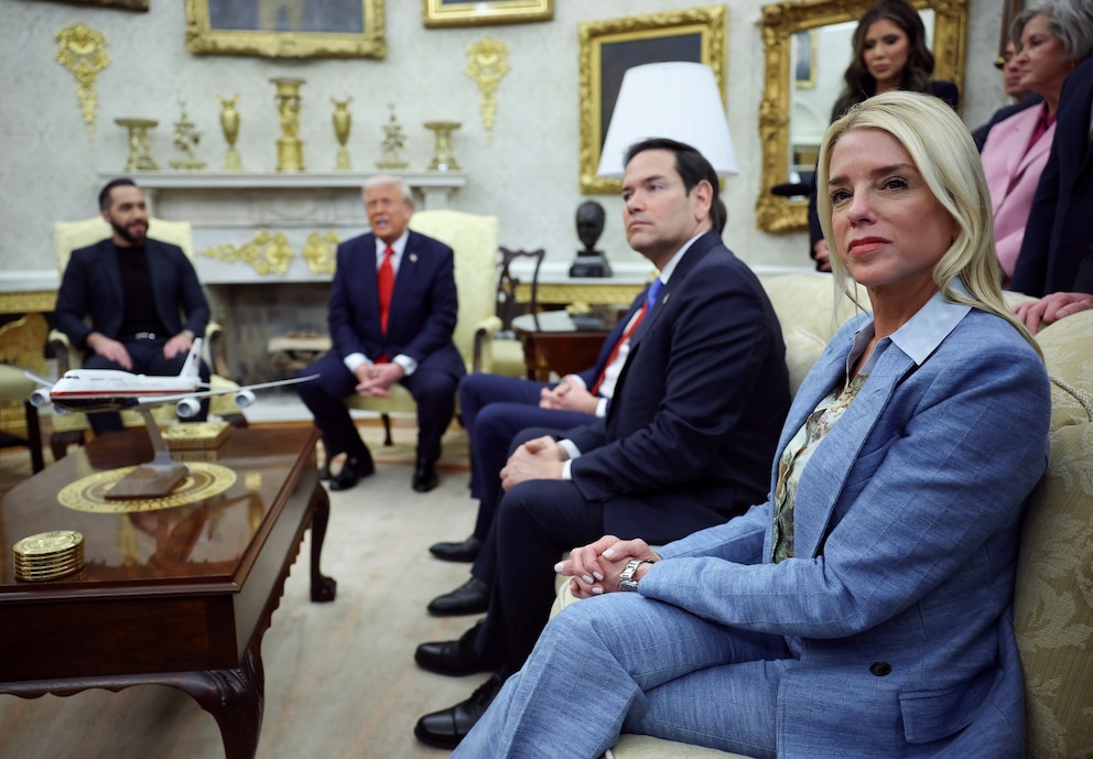 PHOTO: Pam Bondi, Attorney General, and Secretary of State Marco Rubio sit nearby as President Donald Trump  meets with President Nayib Bukele of El Salvador in the Oval Office of the White House, April 14, 2025 in Washington.