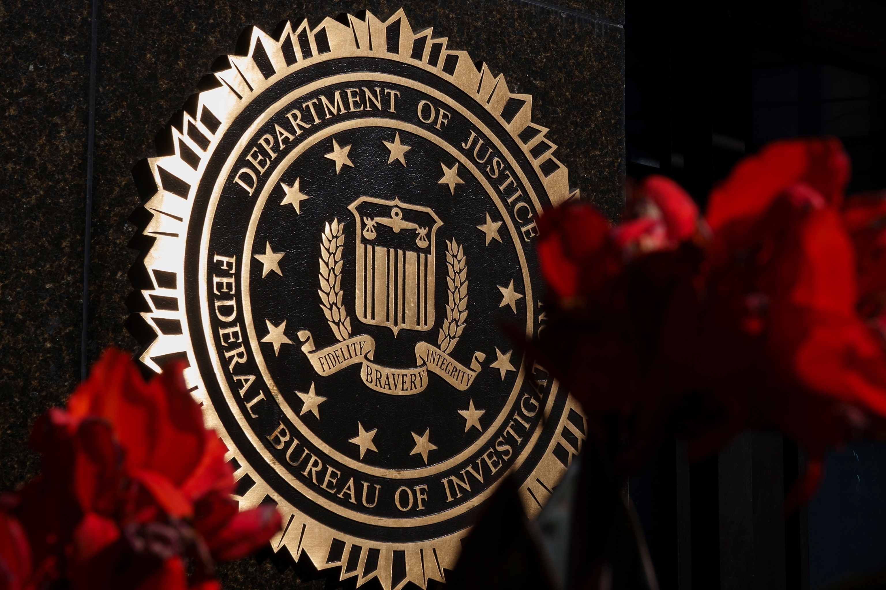 PHOTO: The seal of the Federal Bureau of Investigation (FBI), part of the U.S. Department of Justice, is displayed at the J. Edgar Hoover Building on  August 8, 2026 in Washington, DC.