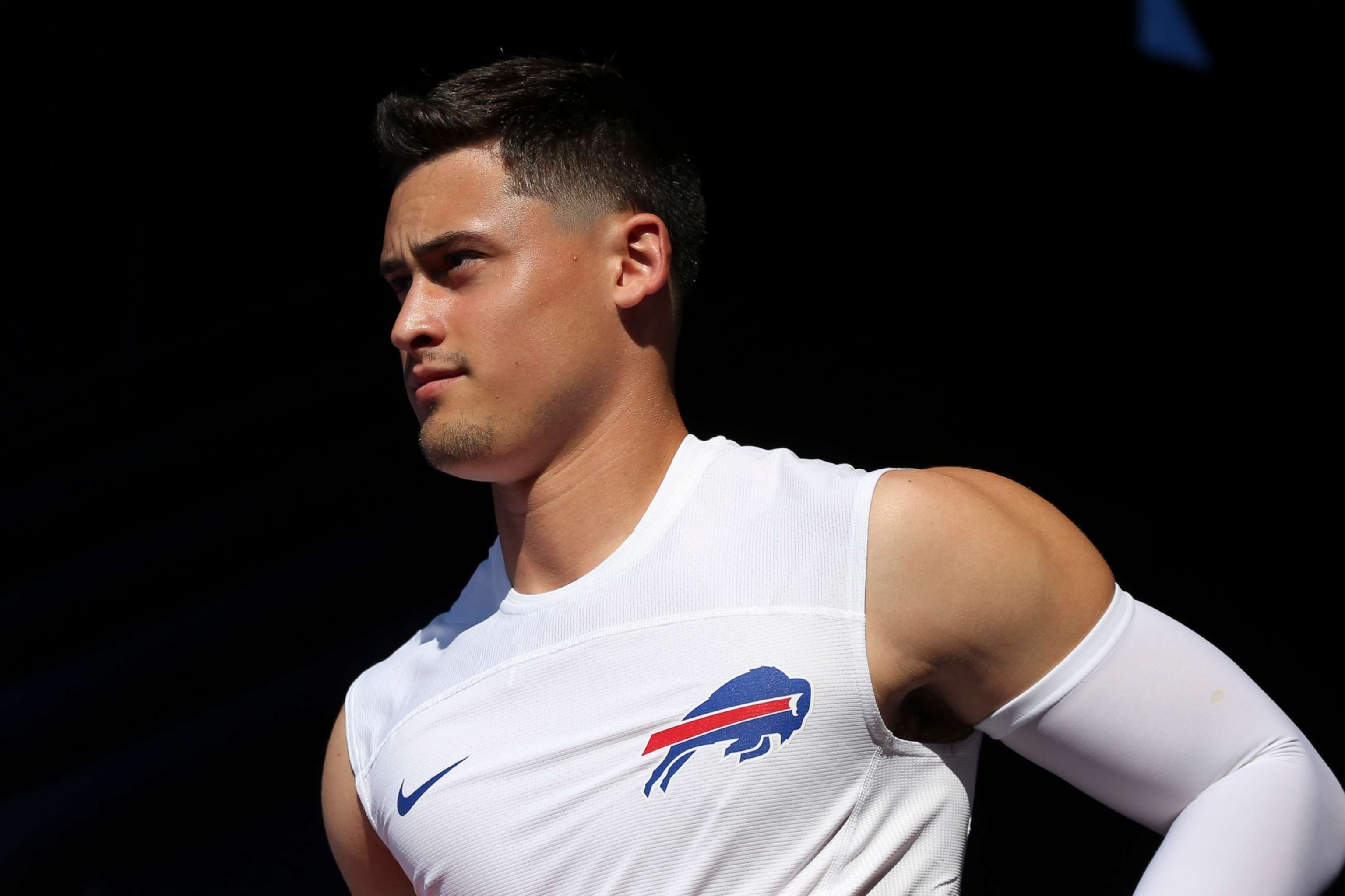 PHOTO: Matt Araiza #19 of the Buffalo Bills takes the field during practice on Aug. 5, 2022 in Orchard Park, N.Y.