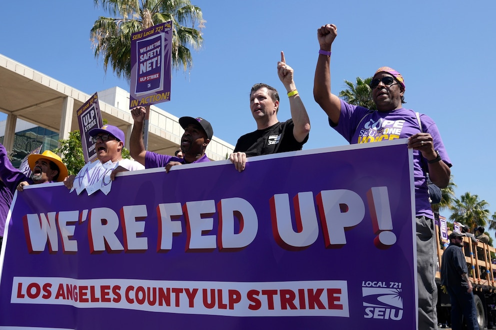 PHOTO: Los Angeles County workers rally to demand higher wages,  April 29, 2025, in Los Angeles. 