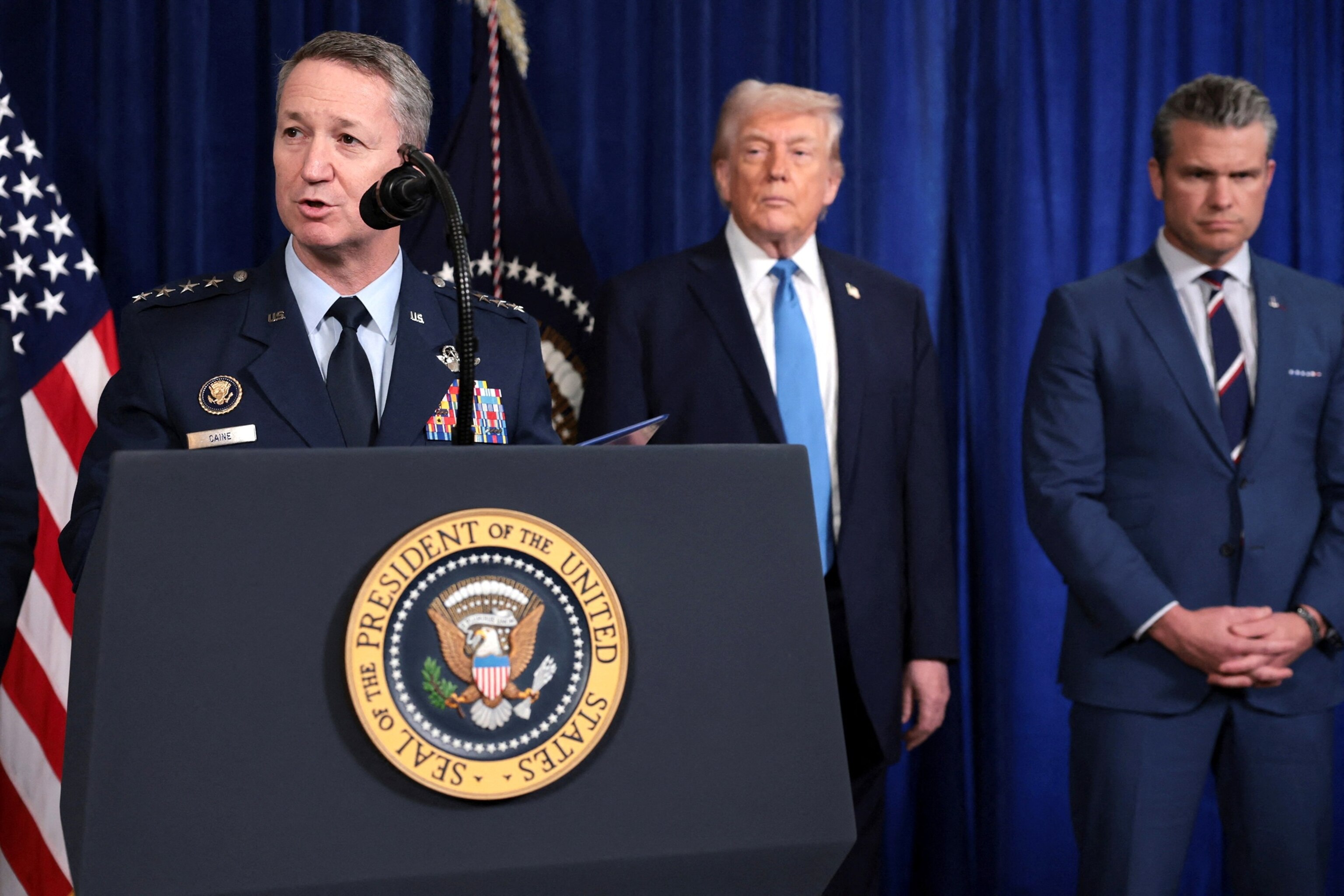 PHOTO: General Dan Caine, Chairman of the Joint Chiefs of Staff, speaks from Trump's Mar-a-Lago club in Palm Beach, Fla., on Jan. 3, 2026.