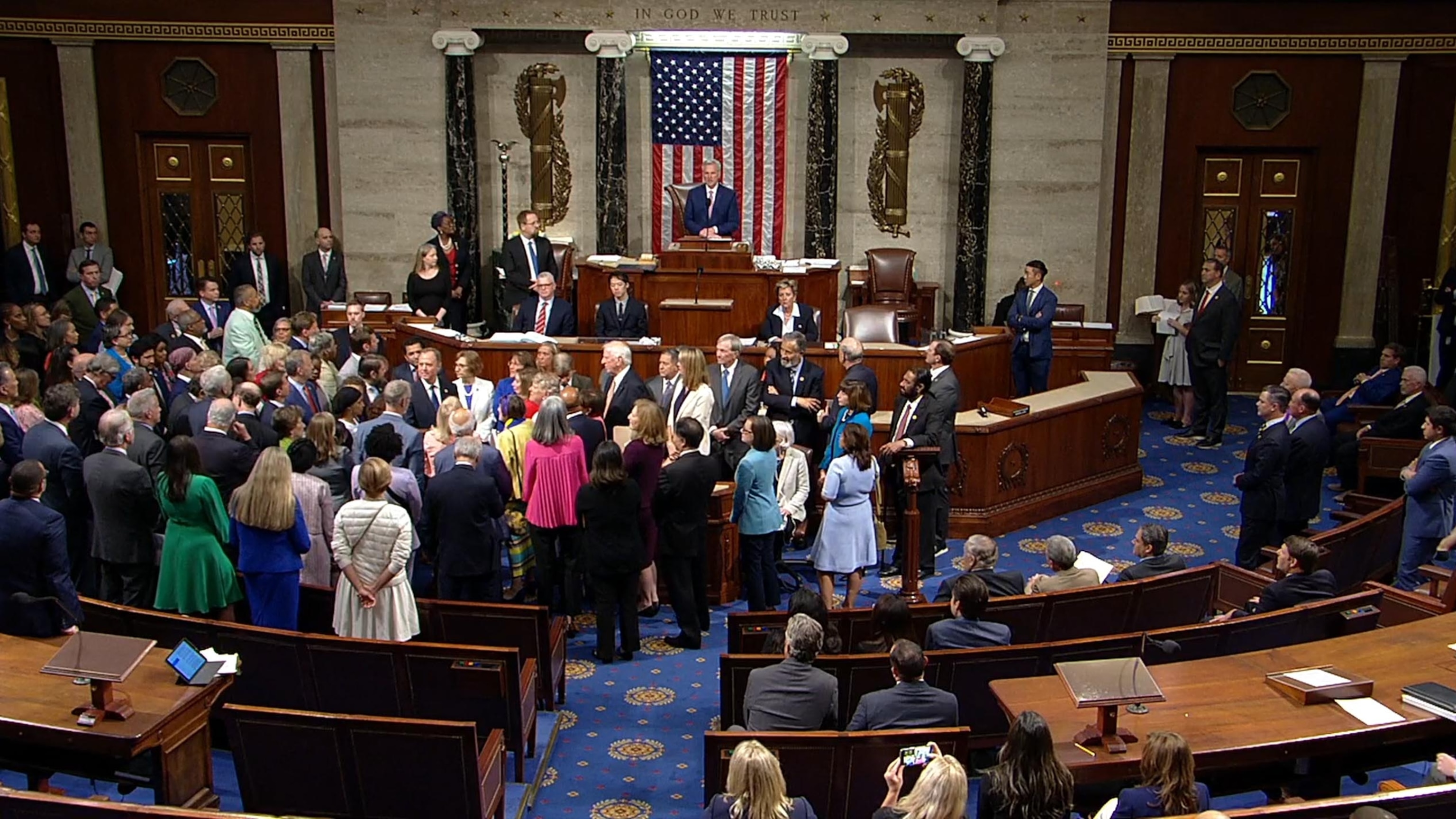 PHOTO: Rep. Adam Schiff stands in the well of the Senate floor surrounded by colleagues as he is censured after a vote, on June 21, 2023, in Washington, D.C.