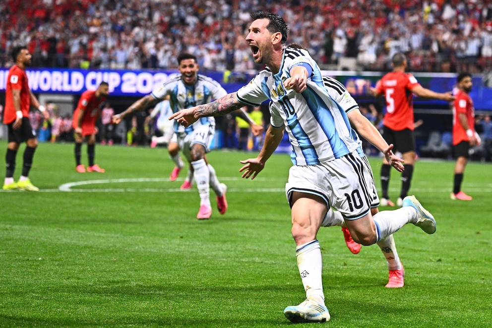 PHOTO: Argentina's Lionel Messi celebrates scoring their second goal against Egypt during their World Cup round of 16 soccer match in Atlanta, July 7, 2026.
