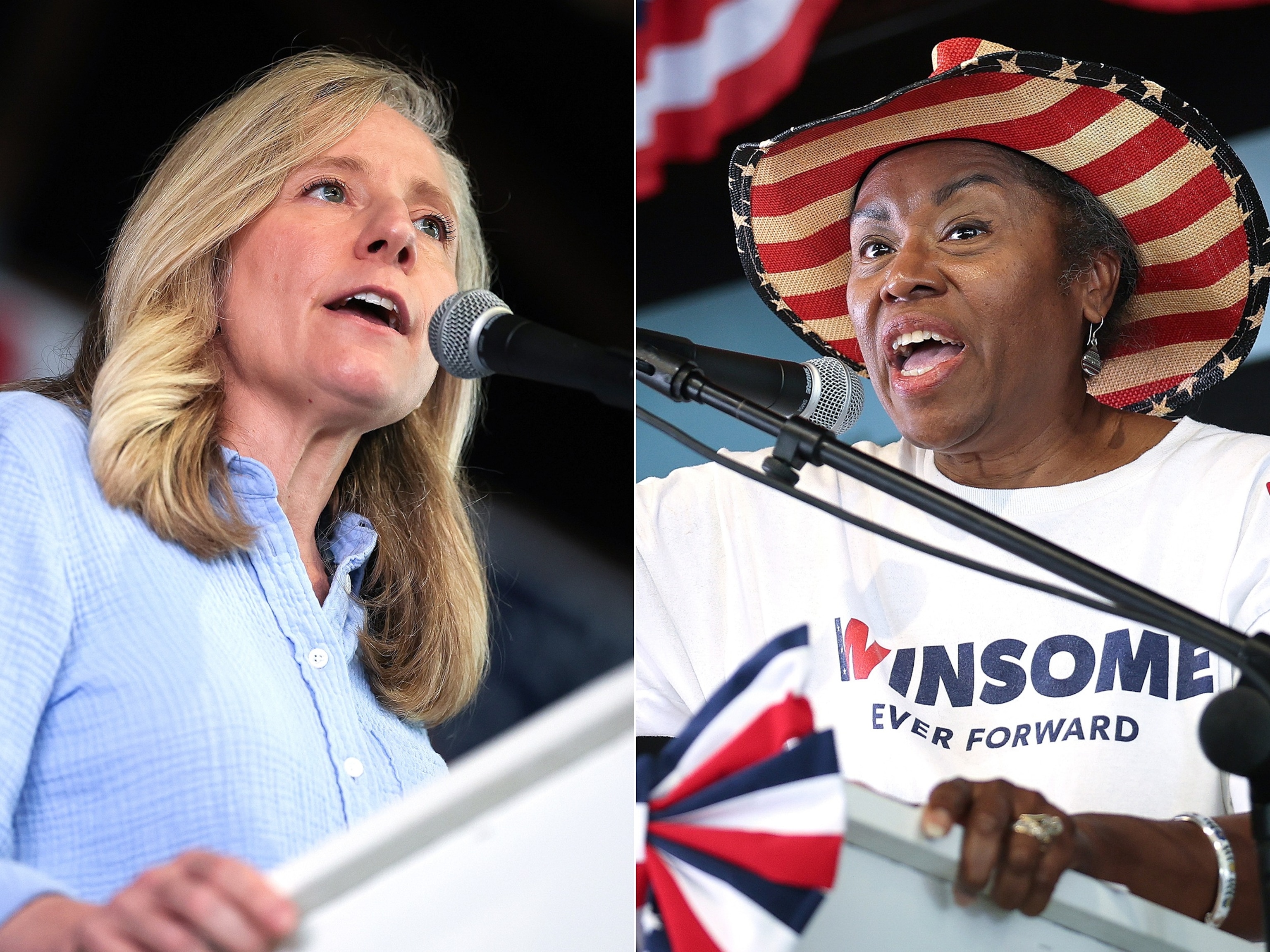 FOTOĞRAF: Virginia Demokrat valilik adayı Abigail Spanberger ve Virginia Cumhuriyetçi valilik adayı, Vali Yardımcısı Winsome Earle-Sears, 1 Eylül 2025'te Virginia, Buena Vista'da düzenlenen 54. Yıllık Buena Vista İşçi Bayramı Festivali'nde konuşuyor.