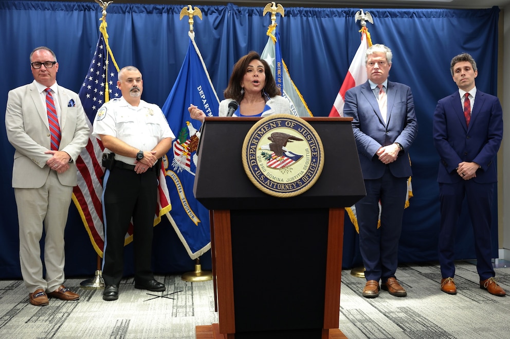 PHOTO: U.S. Attorney for the District of Columbia Jeanine Pirro speaks during a press conference at the U.S. Attorney's Office for the District of Columbia on July 2, 2026, in Washington, D.C.