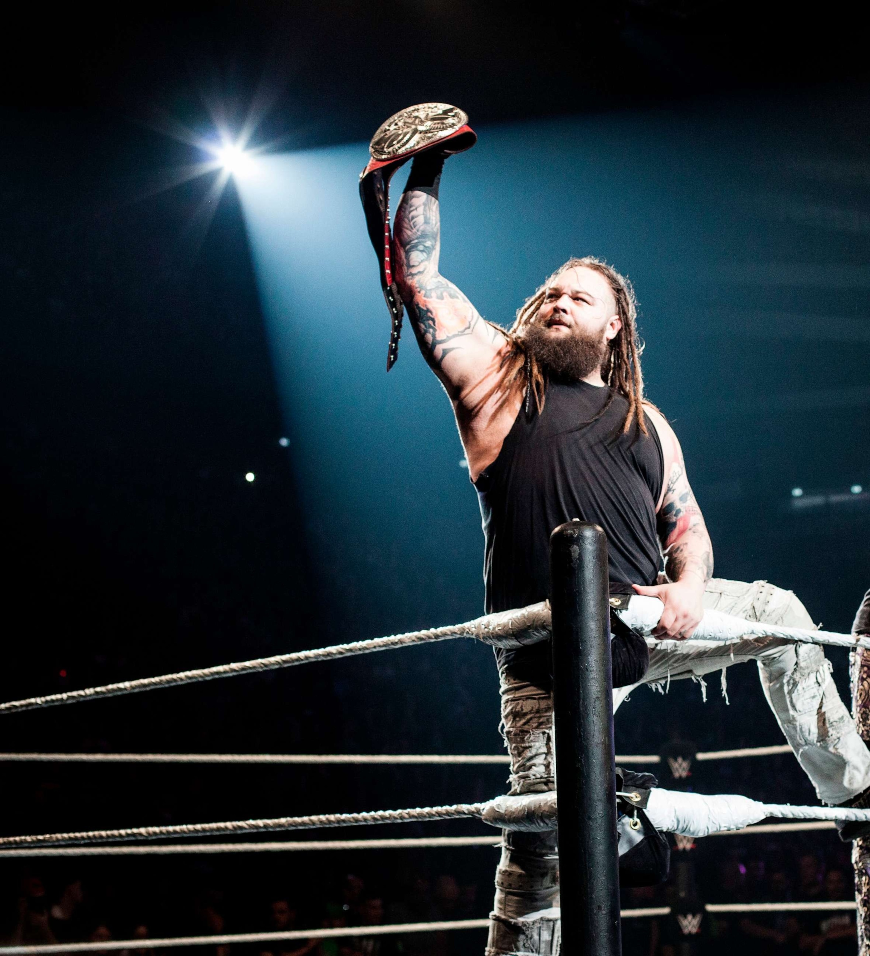 PHOTO: In this May 19, 2018, file photo, Bray Wyatt appears in the ring during a WWE Live show at Accor Arena in Paris.