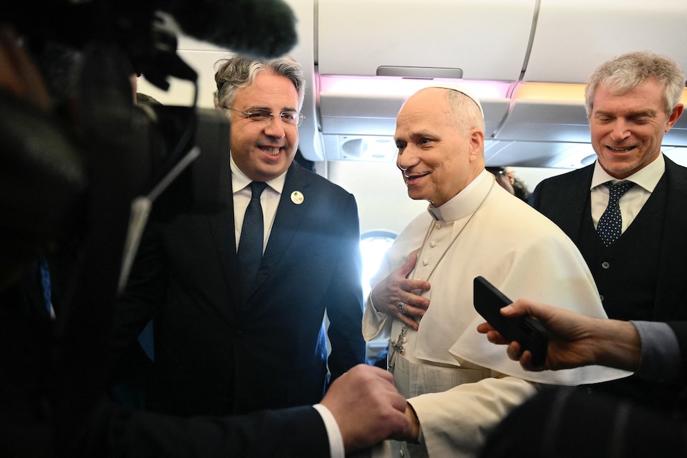 PHOTO: Pope Leo XIV addresses journalists during the flight heading to Algiers on April 13, 2026.