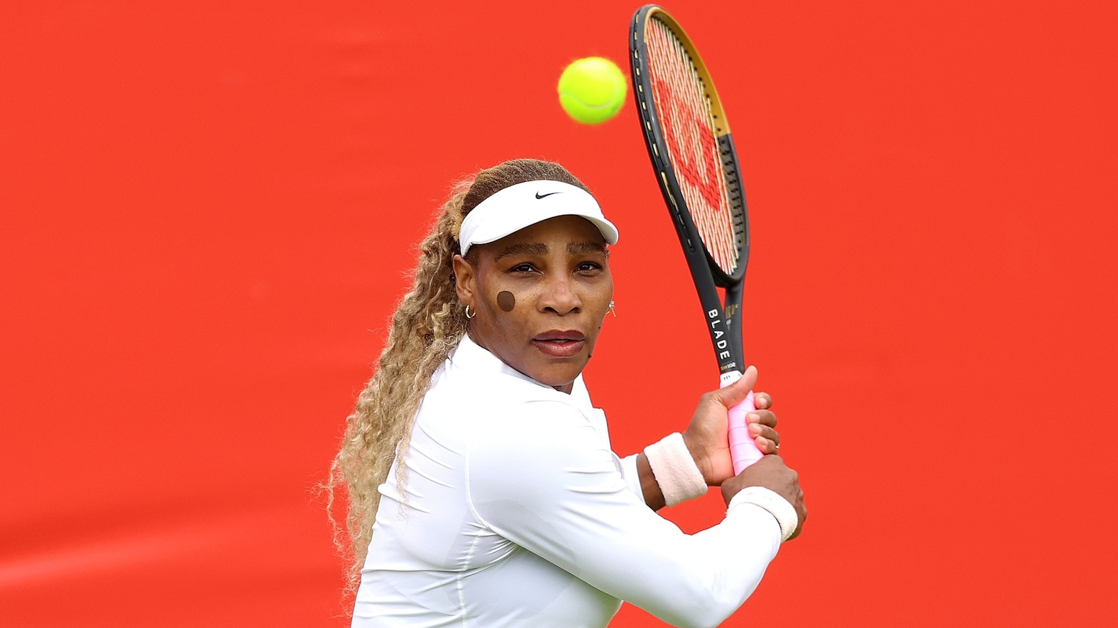 Serena Williams of the United States plays a backhand during a practice session ahead of the HSBC Championships on June 07, 2026 in London, England. 