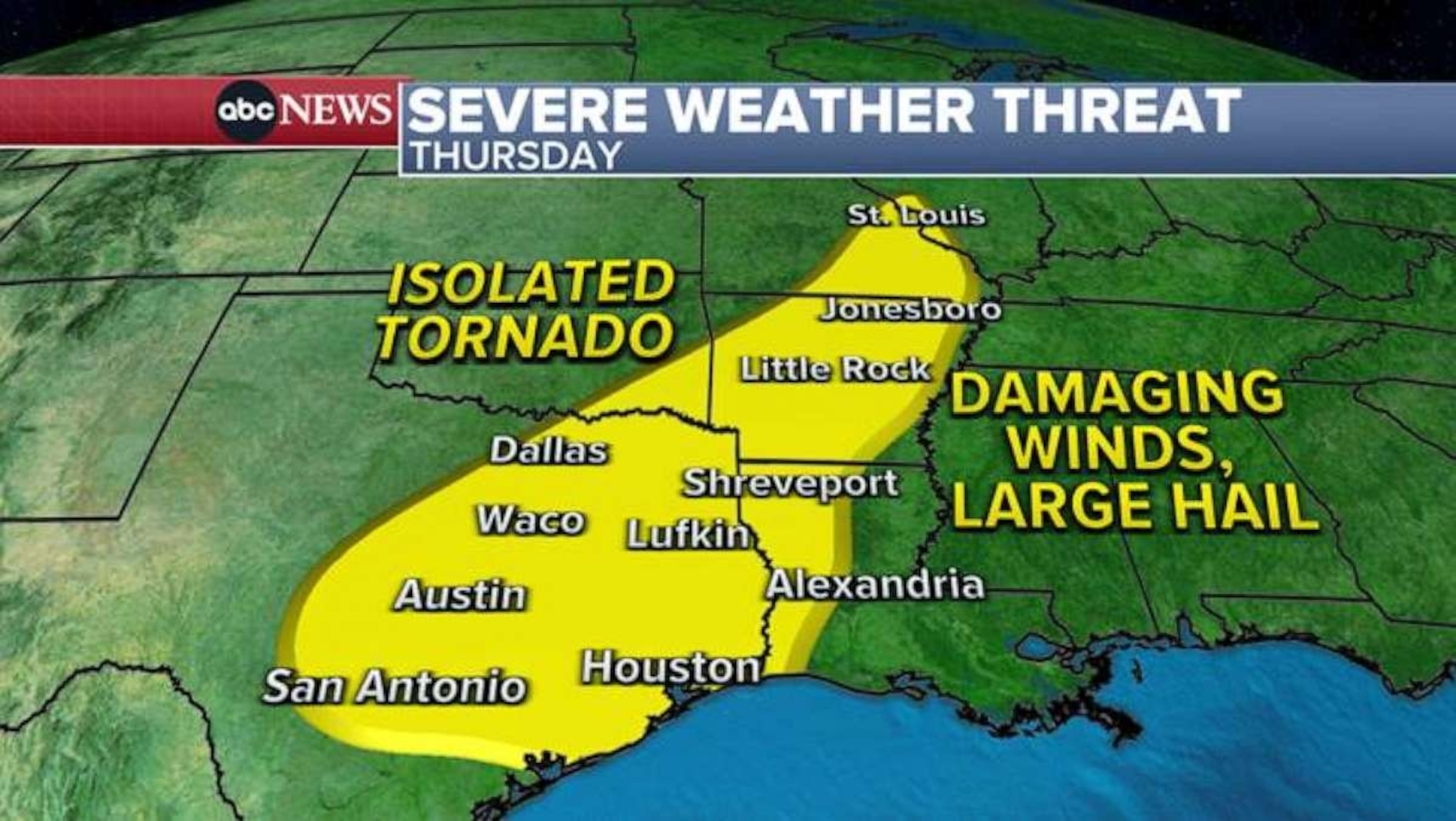 PHOTO: Isolated tornadoes are possible in the South, including eastern Texas, on Thursday.